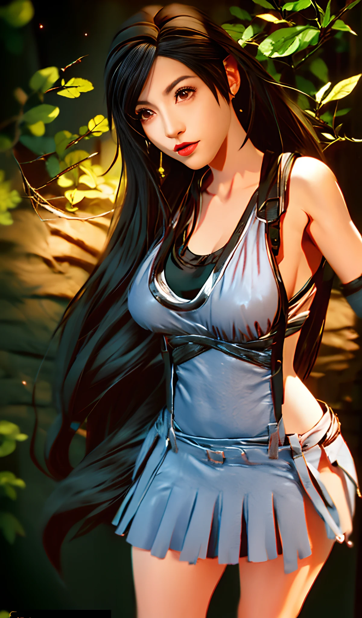 Tifa Lockhart, Tifa_Lockhart, ff7, (cheio :1.5), (cabelos pretos longos), franja de cabelo (olhos vermelhos:1.3) long eyelashes, Olhos vermelhos bonitos com brilho, Surrealismo, Sombra, Estereograma, fotorrealista, Realistic, Pov, atmosphric perspective, Cinematic lighting, ray tracing, 8k, Super Detalhe, best quality, master part, finamente detalhado, (Canon EOS R6, 135 mm, 1/1250, F/2.8, ISO 400 Certification:0.9), Luvas vermelhas, delgado, arma de combate (Front view: 1.4)(fundo da natureza: 1.3)