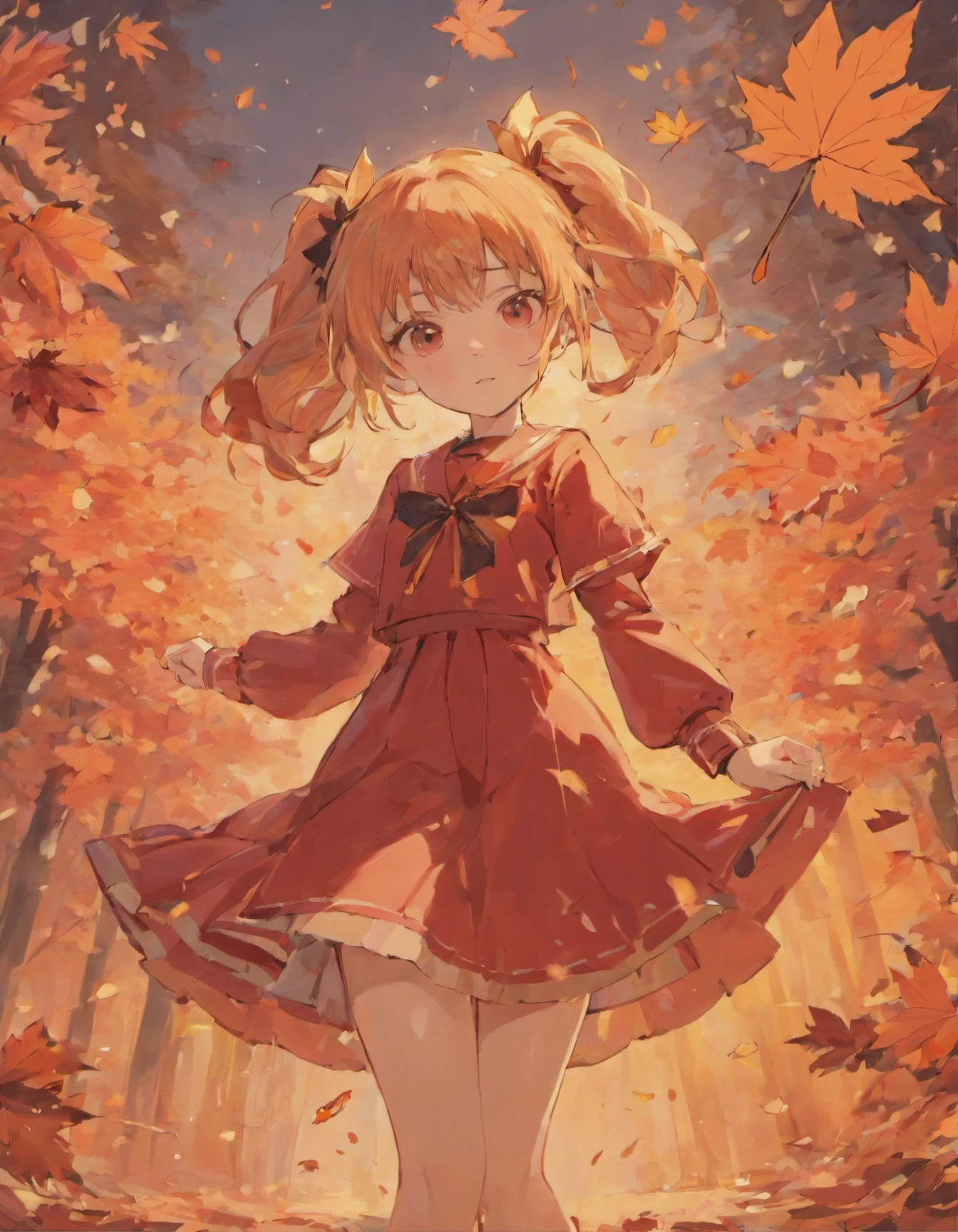 Red dress,girls,Red princess dress,Maple leaves fall,maple leaves,Detail on orange-yellow background,Sunset details,Sunset background,the sunset