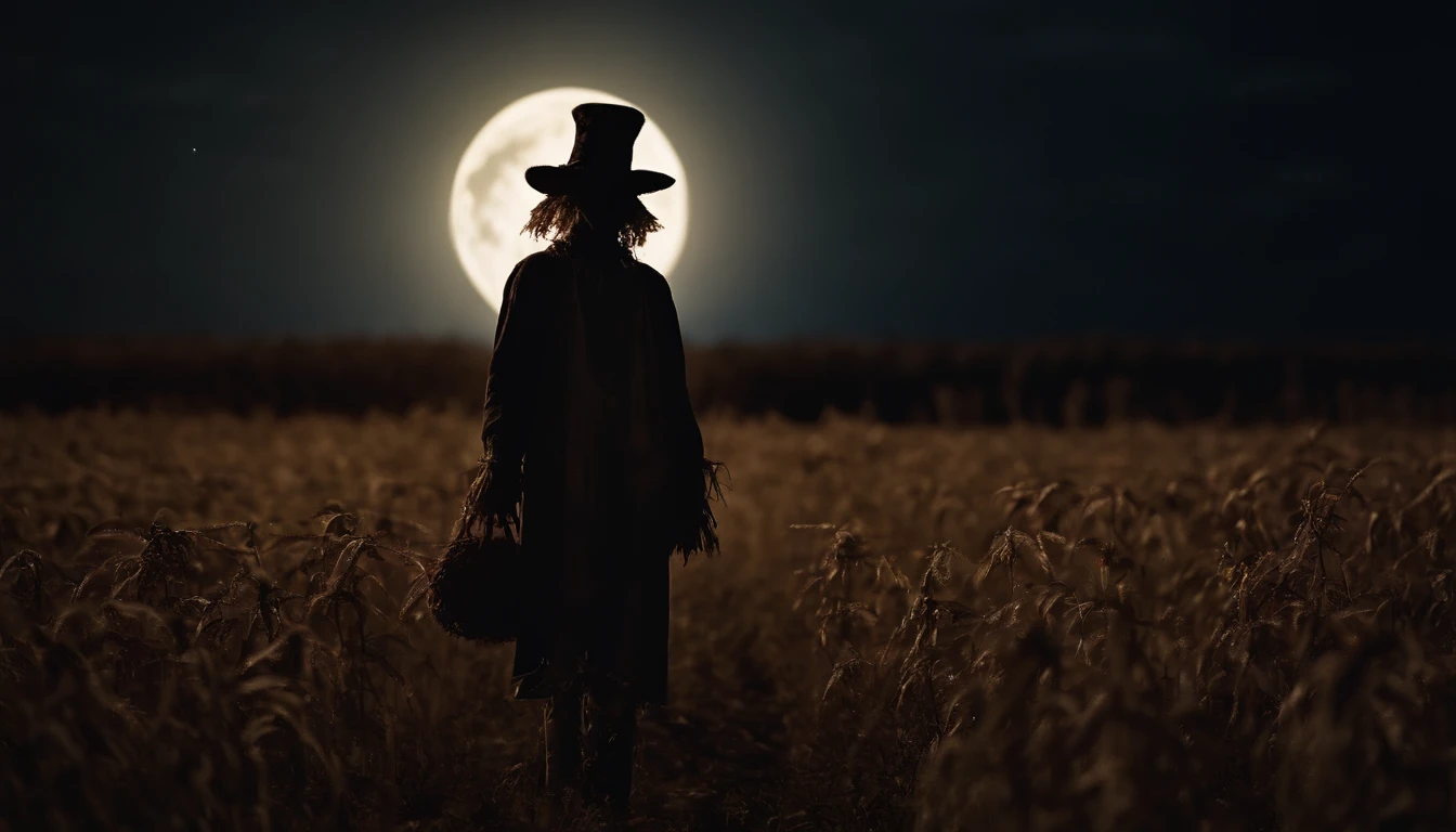 creepy scarecrow in a field at night, halloween night, full moon in the background, ultra detailed, masterpiece.