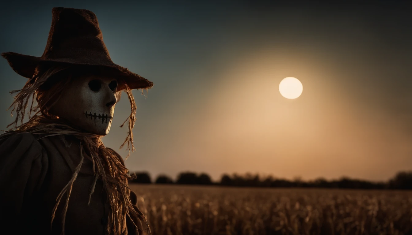 creepy scarecrow in a field at night, halloween night, full moon in the background, ultra detailed, masterpiece.