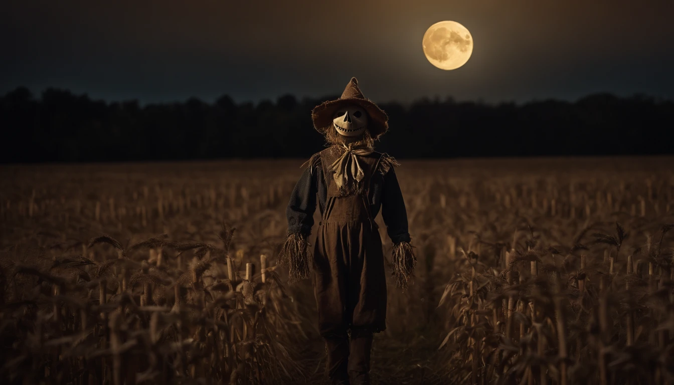 creepy scarecrow in a field at night, halloween night, full moon in the background, ultra detailed, masterpiece.