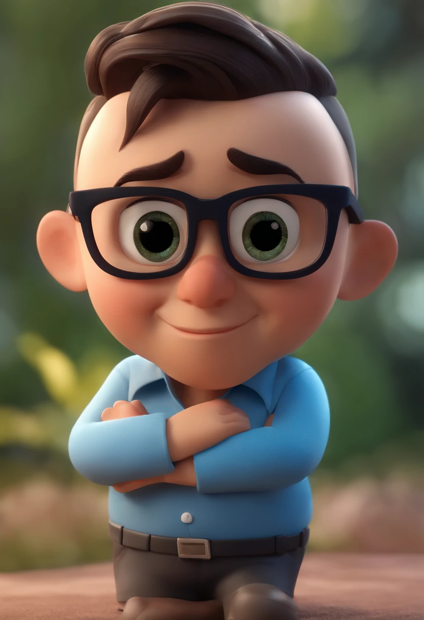 Cartoon character of a man wearing black glasses and a blue shirt, um personagem animado, Caractere estilizado, animation style rendering, 3D estilizado, Arnold Maya render, 3 d render stylized, toon render keyshot, Personagem 3D, Personagem 3D, 3d rendering stylized, 3 d character render, personagem de desenho animado, Personagem de close up, Pose de personagem, (Estilo Pixar) (master part:1.2) (Bokeh) (best quality) (pele detalhada) (textura detalhada) (8k) (argila) (Cinematic lighting) (foco nítido,Senta e vaza a parte superior do corpo