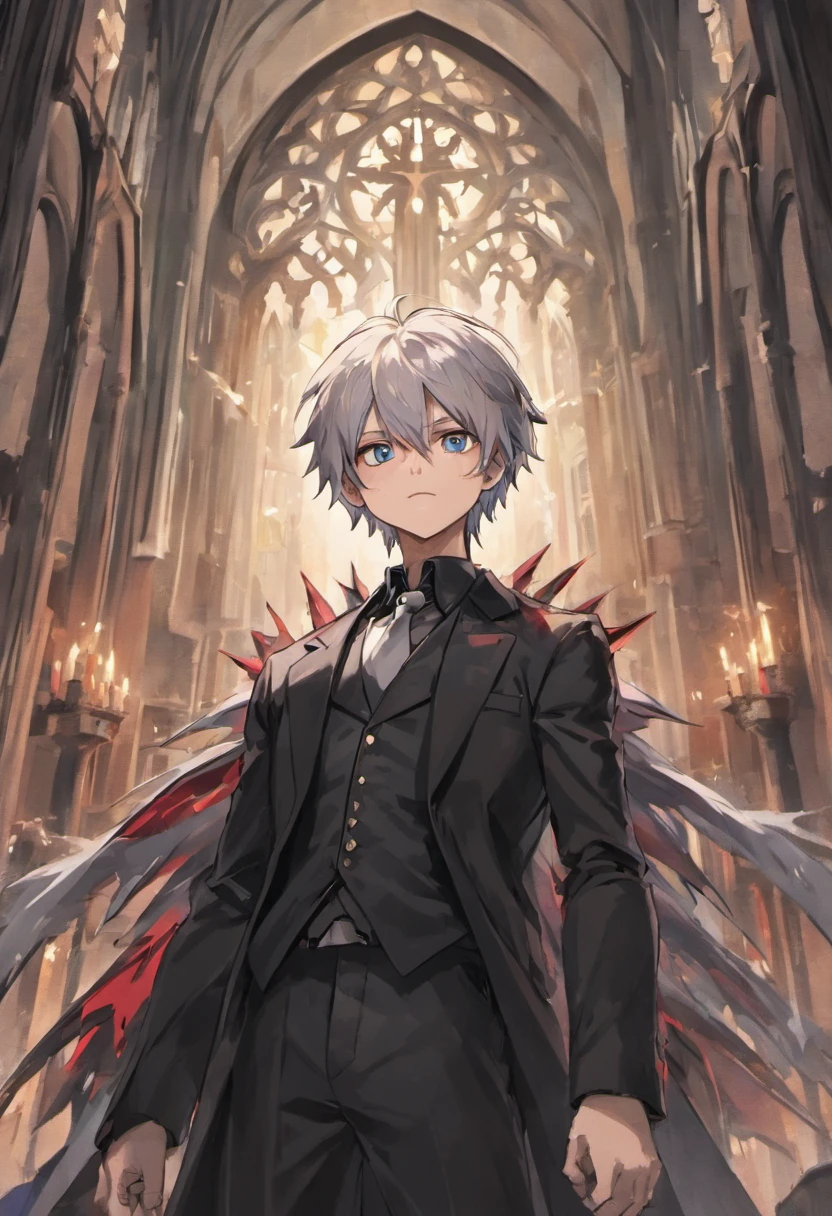 A silver-haired beautiful boy with spiked hair on his back、red eyes、Black tailcoat、Inside a ruined church