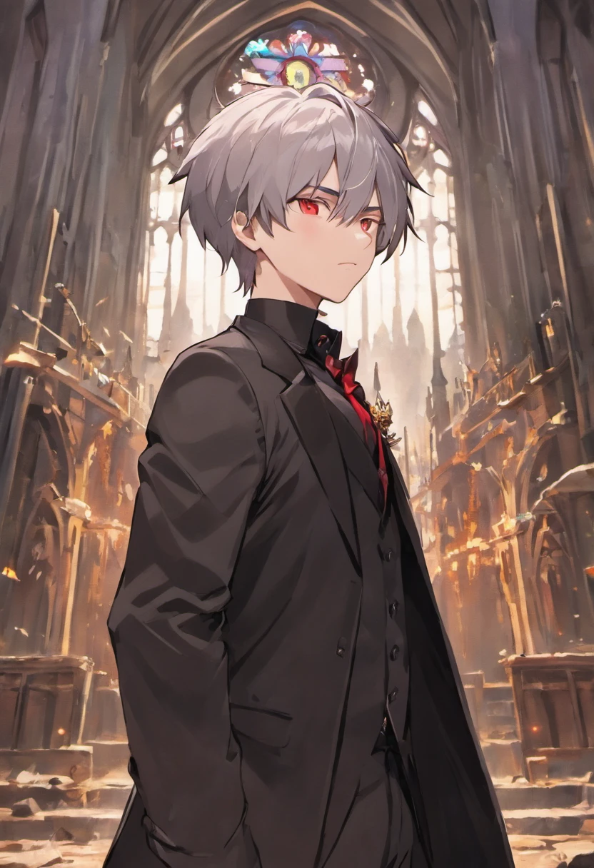 A silver-haired beautiful boy with spiked hair on his back、red eyes、Black tailcoat、Inside a ruined church