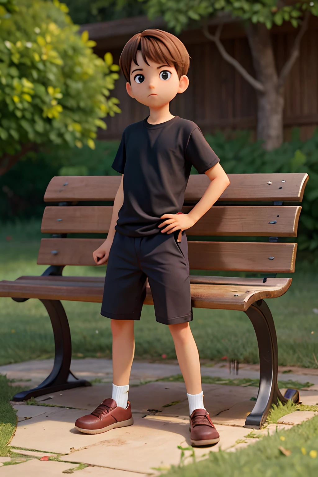 A imagem mostra um menino sentado em um banco de madeira, which is located near a fence. The boy is wearing a black shirt and appears to be looking at the camera. The bench is positioned in the middle of the scene, com a cerca estendendo-se para os lados esquerdo e direito da imagem. The boy's posture and the presence of the bench suggest that this could be a park or a similar outdoor environment.Gere essa imagem no estilo de anima