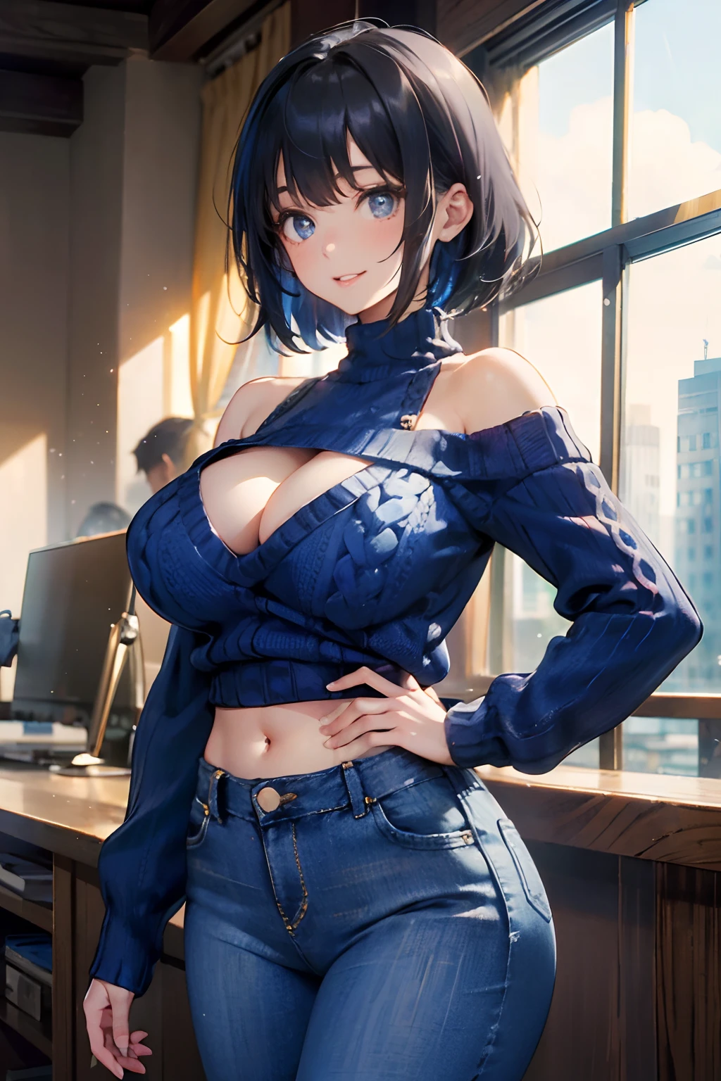 a 20 yo woman、Black-haired head hair、Bery short hair、Big smile、cleavage of the breast、Clothes with fluttering breasts、(hi-top fade:1.3)、dark themed、Muted Tones、Subdued Color、highly contrast、(natural skin textures、Hyper-Realism、Soft light、sharp) Black skirt, (Blue sweater:1.5), Long sleeves, off shoulders, off-the-shoulder sweater, Puffy sleeves, Tight-fitting jeans，Sweaters, White ribbon，Tight spats，