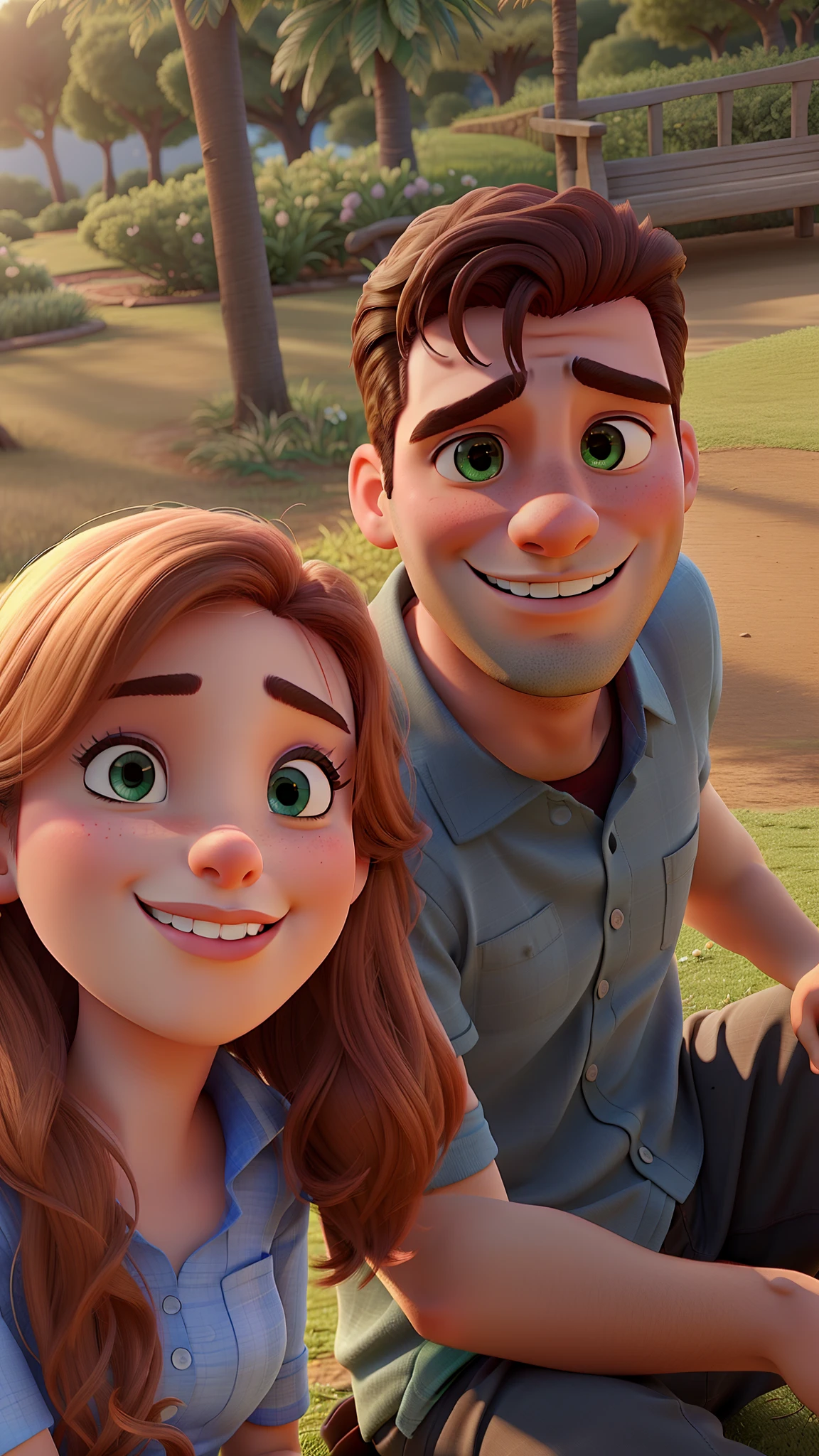 Romantic couple sitting on the grass, igual aos filmes da Disney Pixar