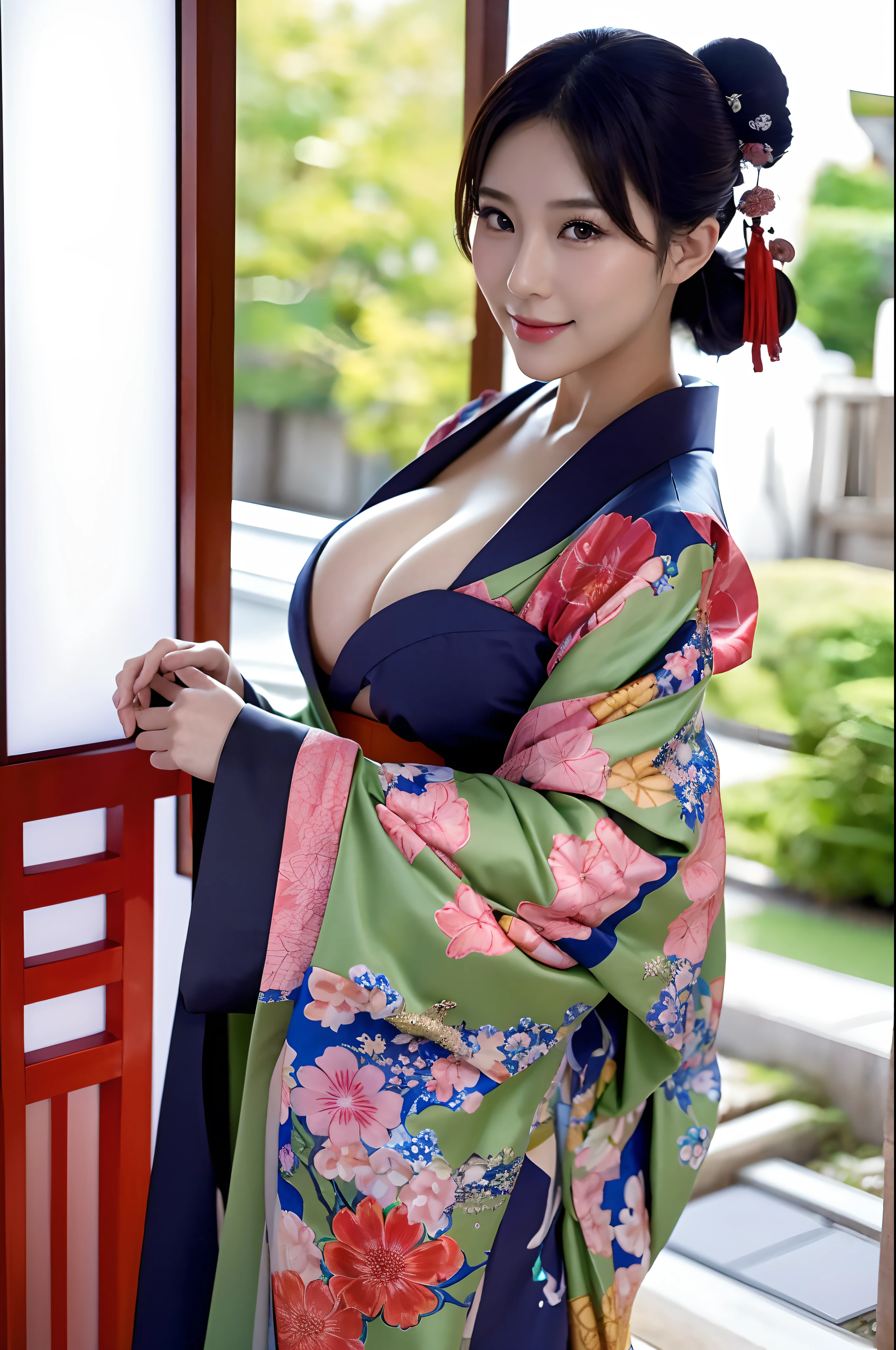 a close up of a woman in a kimono with a big breast, japanese goddess, oppai, japanese model, with a large breasts, in kimono, big breasts!, with large breasts, in a kimono, big breasts, beautiful asian girl, japanese, big breasts!!, teasing smile, asian hyperdetailed, asian girl, sfw huge breasts, breasts covered and sfw