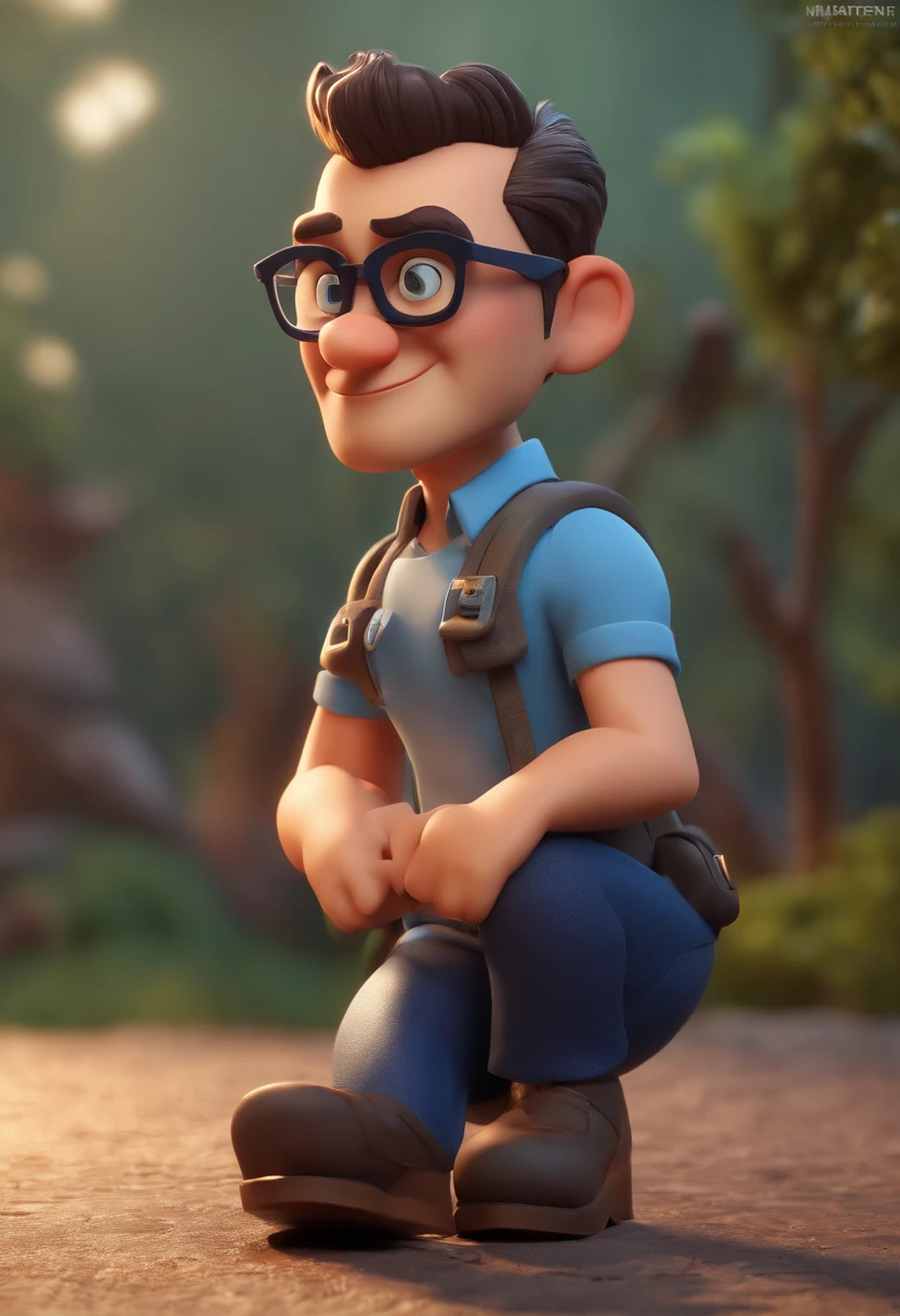 Cartoon character of a man with navy blue glasses and a black shirt, animation character, Caractere estilizado, animation style rendering, 3D estilizado, Arnold Maya render, 3 d render stylized, toon render keyshot, Personagem 3D, Personagem 3D, 3d rendering stylized, 3 d character render, personagem de desenho animado, Personagem de close up, Pose de personagem, (Estilo Pixar) (master part:1.2) (Bokeh) (best quality) (pele detalhada) (textura detalhada) (8k) (argila) (Cinematic lighting) (foco nítido