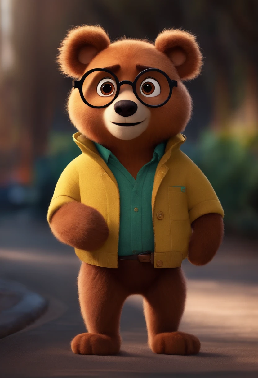  estilo desenho animado, Pixar, wearing round glasses, segurando um urso de pelucia, roupa de escoteiro,