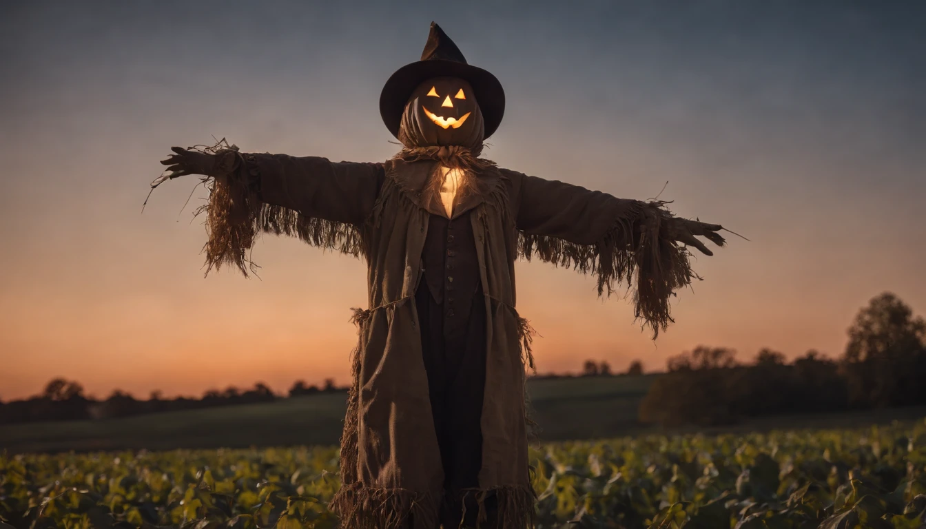 creepy scarecrow in a field at night, halloween night, full moon in the background, ultra detailed, masterpiece.