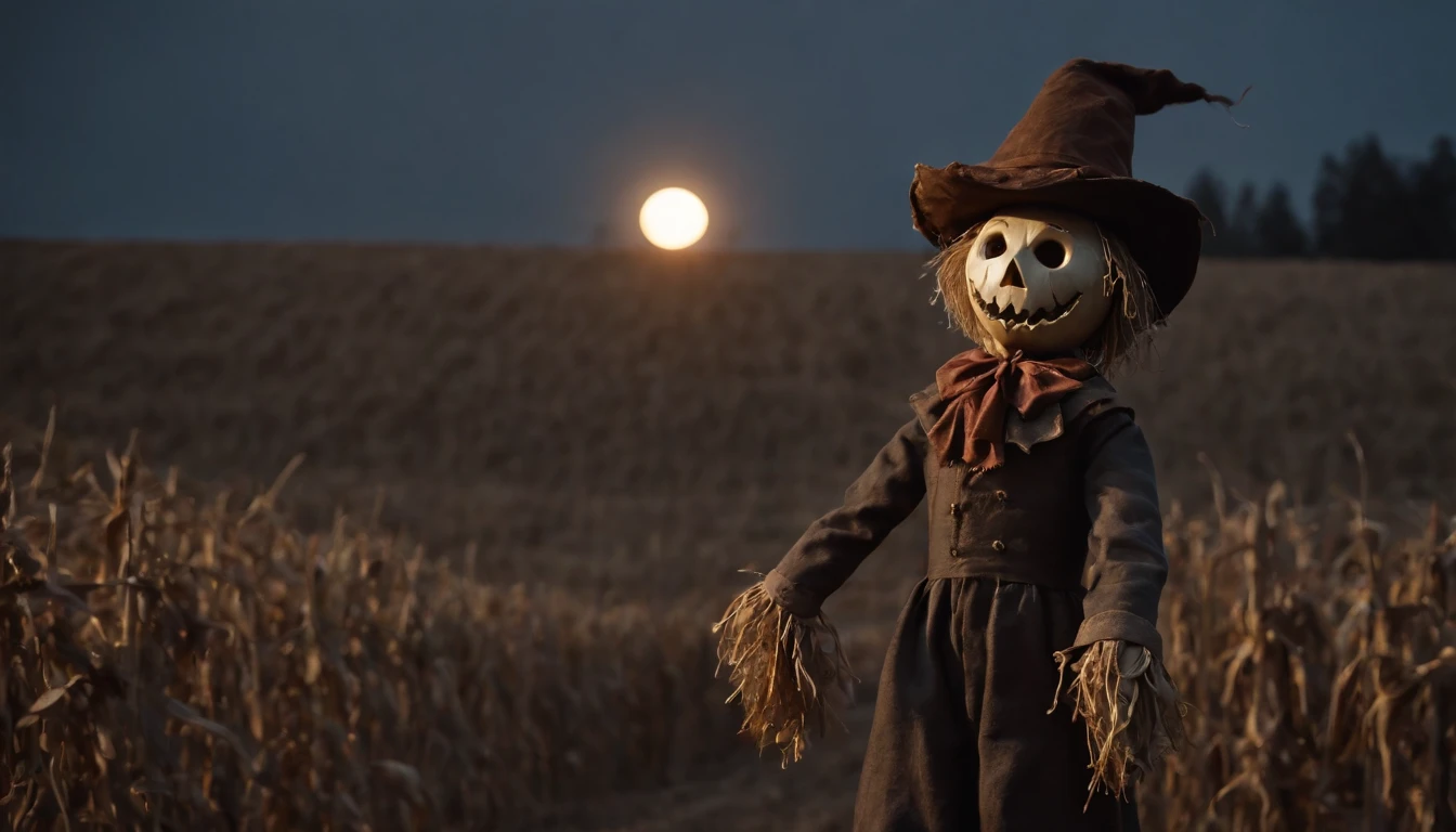 creepy scarecrow in a field at night, halloween night, full moon in the background, ultra detailed, masterpiece.