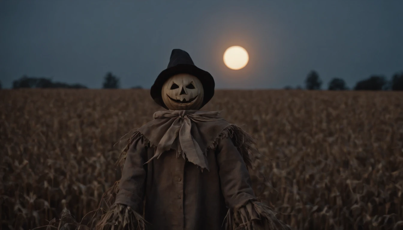 creepy scarecrow in a field at night, halloween night, full moon in the background, ultra detailed, masterpiece.
