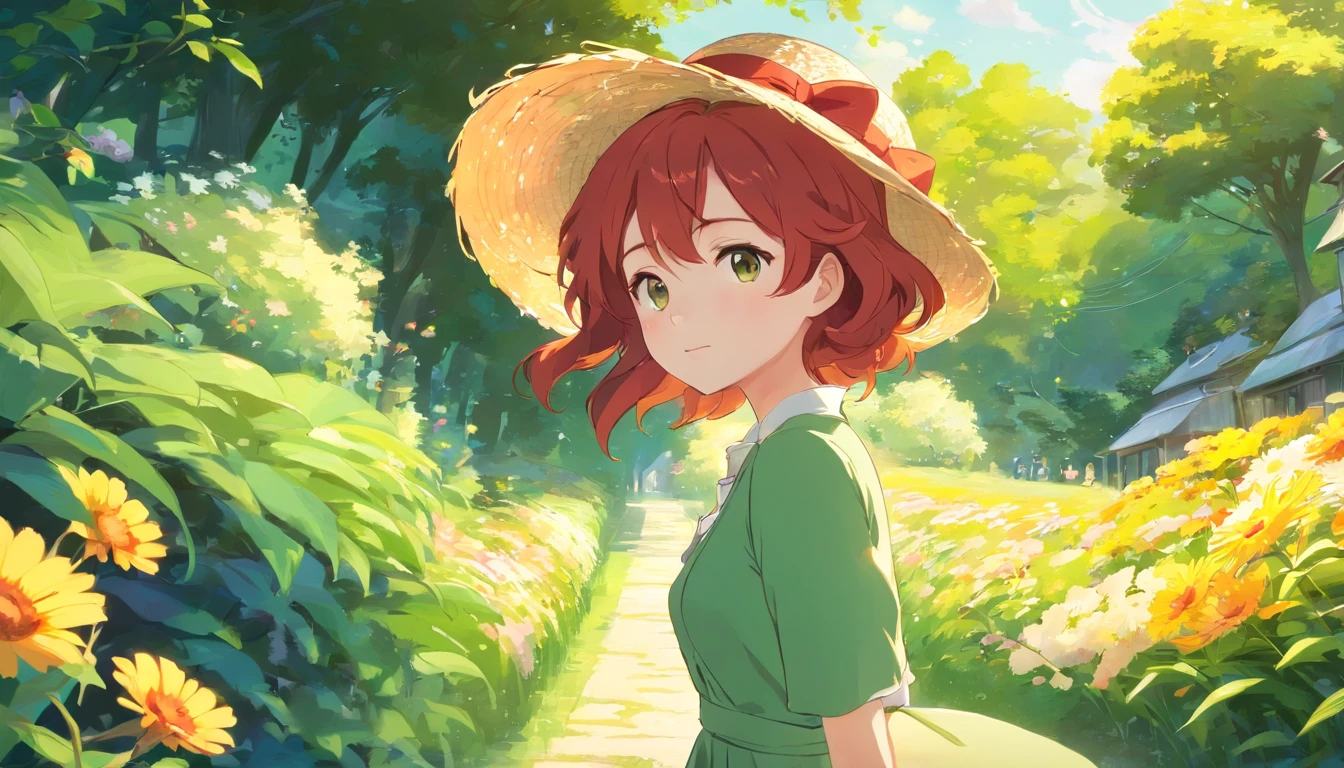 1girl in, curly red hair, White skin, garden, Cute straw hat, The girl in the hat、In the wind, Cottage Core Green Dress, Sunlight, Flying flowers