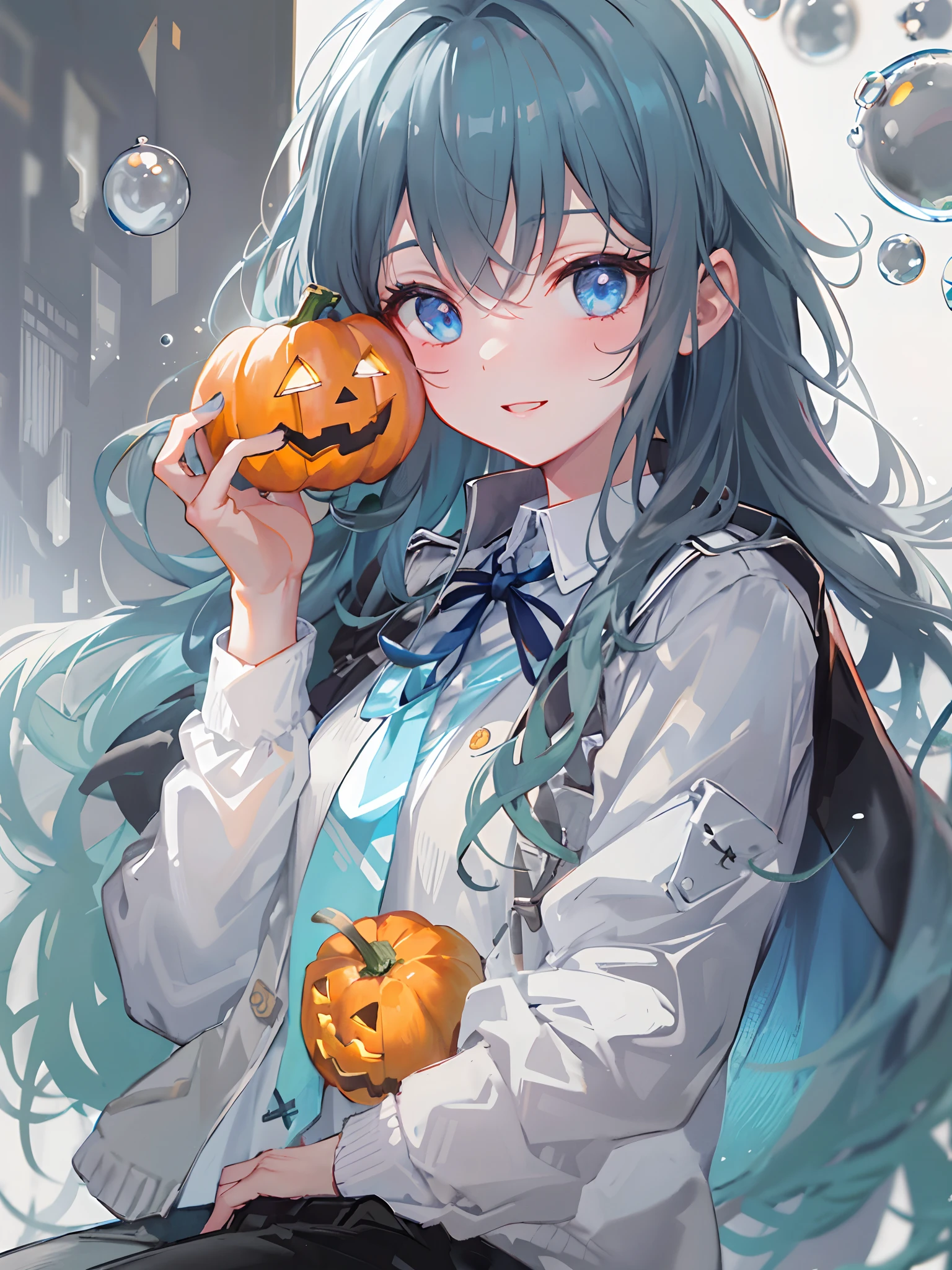 ((top-quality)), ((masterpiece)), ((ultra-detailliert)), (Extremely delicate and beautiful), girl with, 独奏, cold attitude,((Black jacket)),She is very(relax)with the(Settled down)Looks,A dark-haired, depth of fields,Evil smile,Bubble, under the water, Air bubble,bright light blue eyes,inner color with bright gray hair and light blue tips,,,,,,,,,,,Cold background,Bob Hair - Linear Art, shortpants、knee high socks、White uniform like school uniform、Light blue ribbon ties、Clothes are sheer、Hands in pockets、Bright eyes like sapphire,Fronllesse Blue, A small blue light was floating、Upper Eyes、foodie, Halloween、Orange pumpkin、Jack-o'-lantern