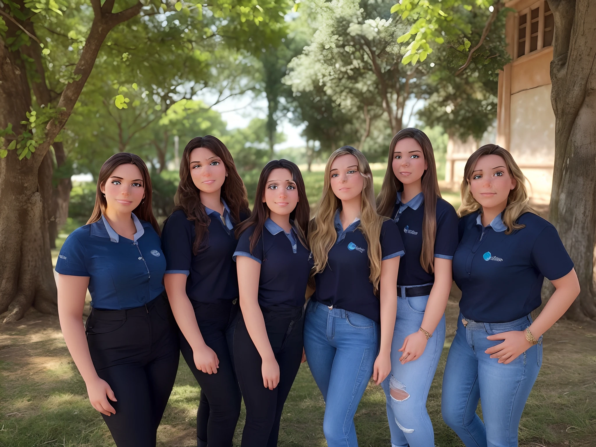 Six young women, Traje social, corpo inteiro, luz solar, rosto claro, fundo natureza, master part, Super Detalhe, Epic composition, Ultra HD |, alta qualidade, extremamente detalhado, Arte Oficial, papel de parede uniforme 8k, Super Detalhe, 32k, disney pixar