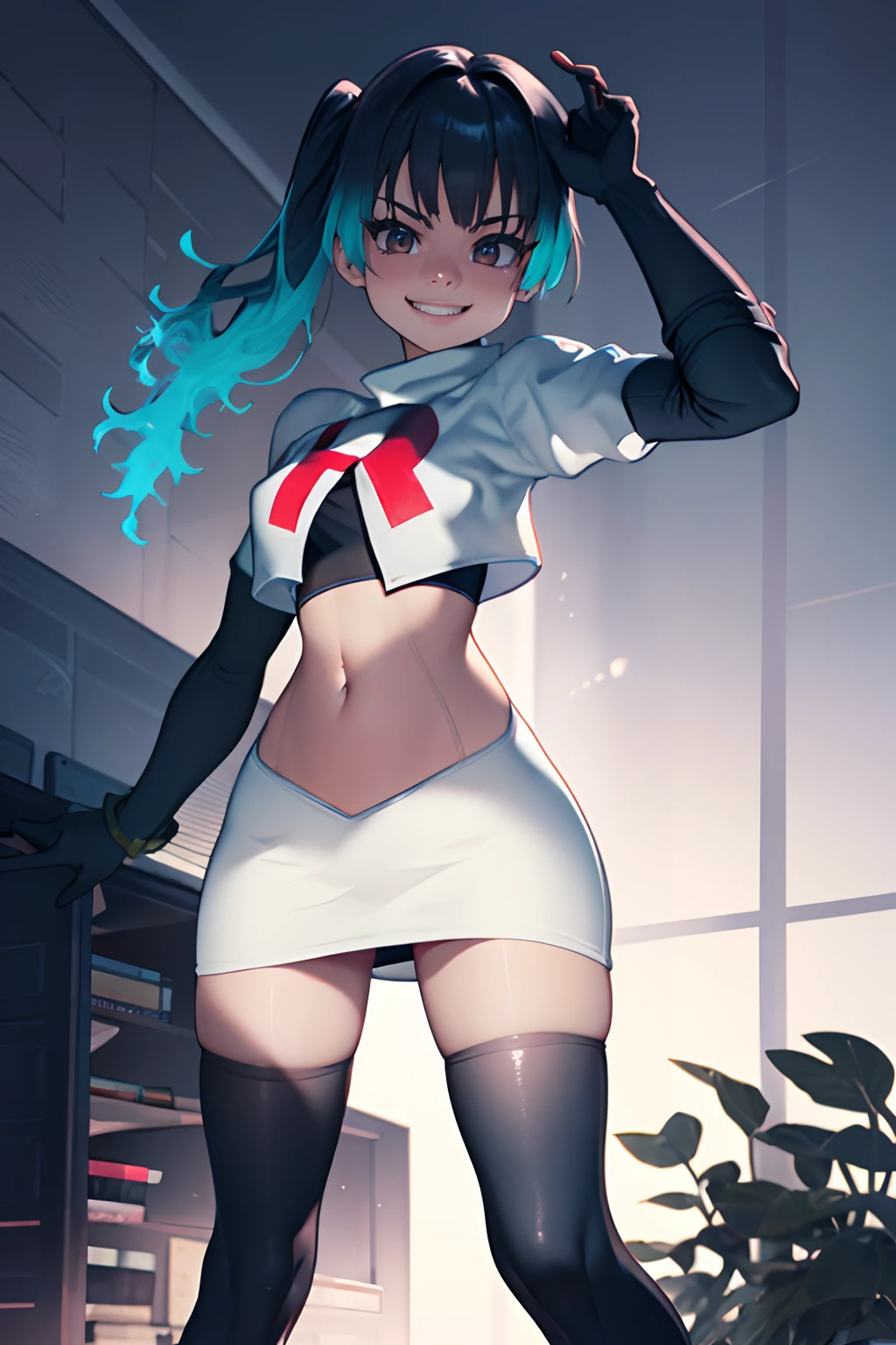 sena, team rocket, team rocket uniform, red letter R, white skirt, white crop top, black thigh-highs, black elbow gloves looking at viewer, evil smile, 3D rendering, ultra-detailed, photorealistic, vibrant colors, sci-fi, dusk lighting