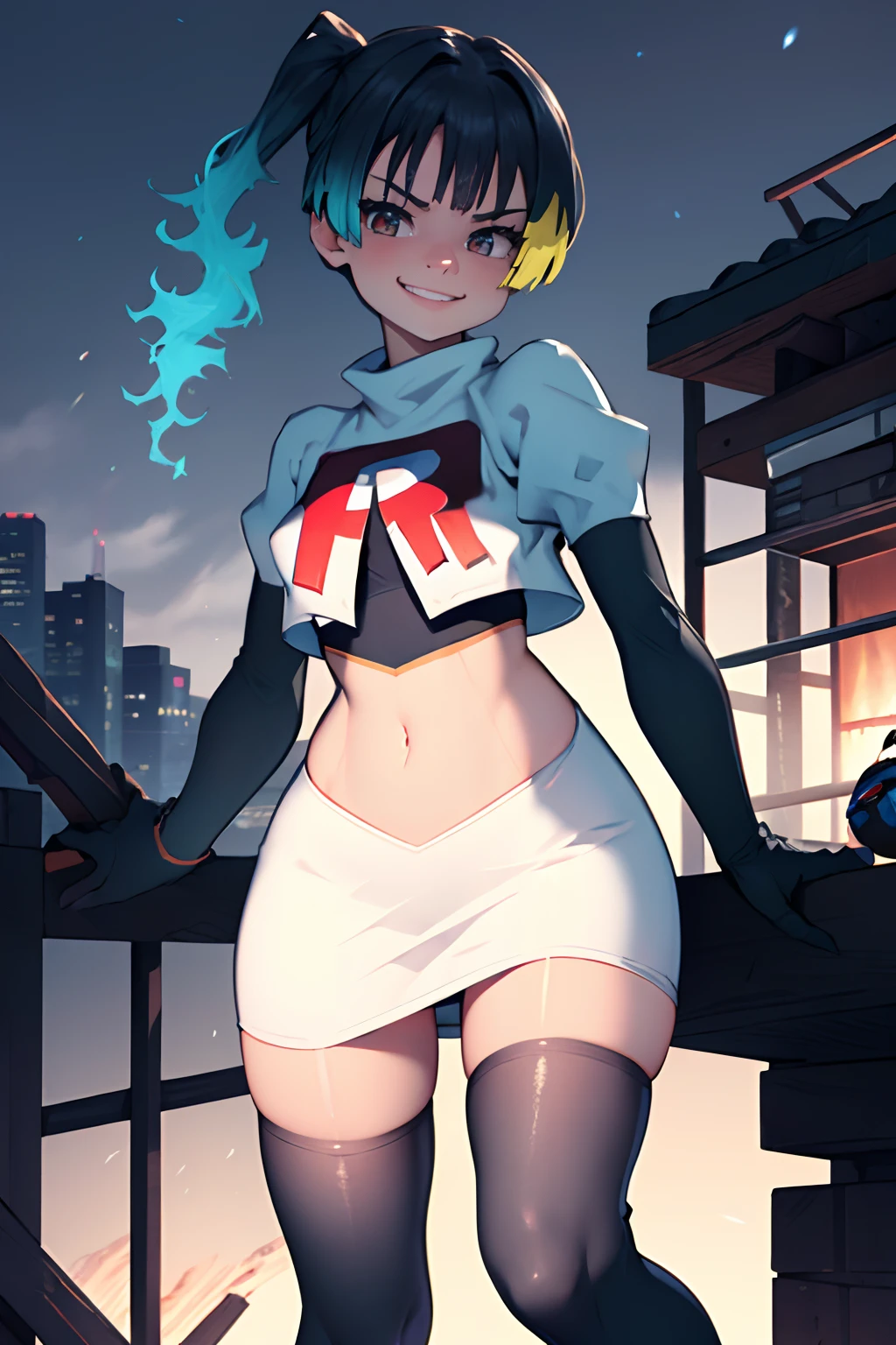 sena, team rocket, team rocket uniform, red letter R, white skirt, white crop top, black thigh-highs, black elbow gloves looking at viewer, evil smile, 3D rendering, ultra-detailed, photorealistic, vibrant colors, sci-fi, dusk lighting