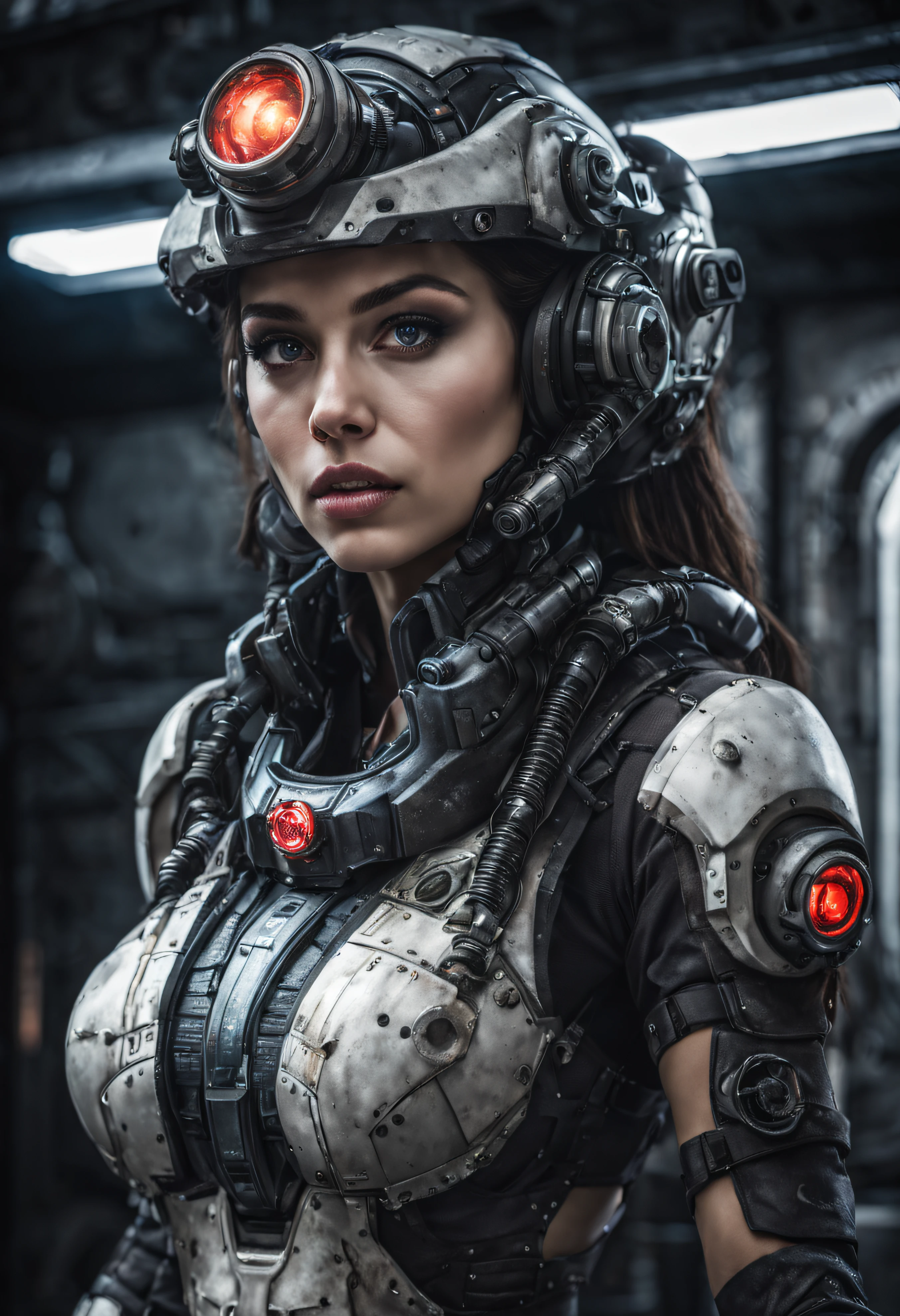 mujer alienigena extraterrestre, considerada como una de las razas mas bellas de la galaxia, con una cara, ojos y labios sensuales, vestida con uniforme sexy de gears of war, se encuentra en centro de control de estacion espacial. hiperrealista, imagen nitida, 8k. imagen cinematografica.