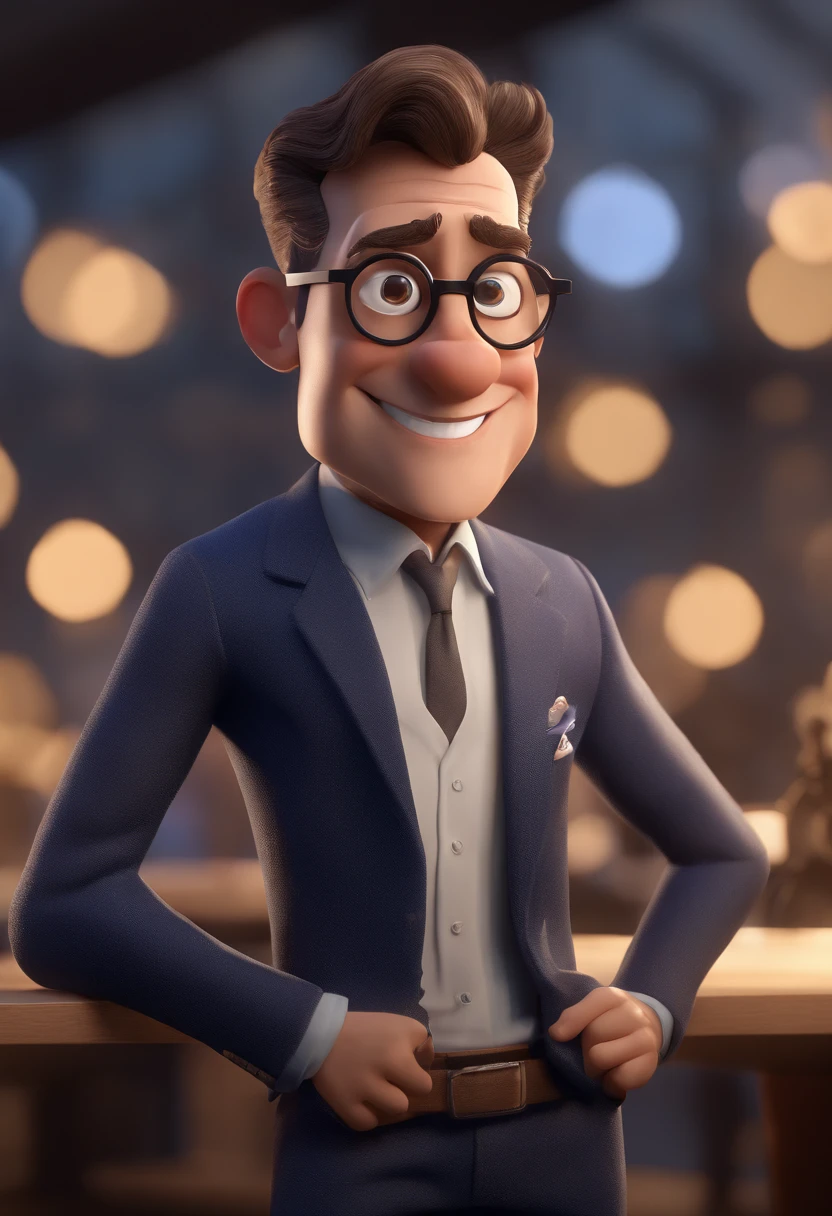 Cartoon character of a man with black glasses and a blue shirt, animation character, Caractere estilizado, animation style rendering, 3D estilizado, Arnold Maya render, 3 d render stylized, toon render keyshot, Personagem 3D, Personagem 3D, 3d rendering stylized, 3 d character render, personagem de desenho animado, Personagem de close up, Pose de personagem,  (Estilo Pixar) (master part:1.2) (Bokeh) (best quality) (pele detalhada) (textura detalhada) (8k) (argila) (Cinematic lighting) (foco nítido