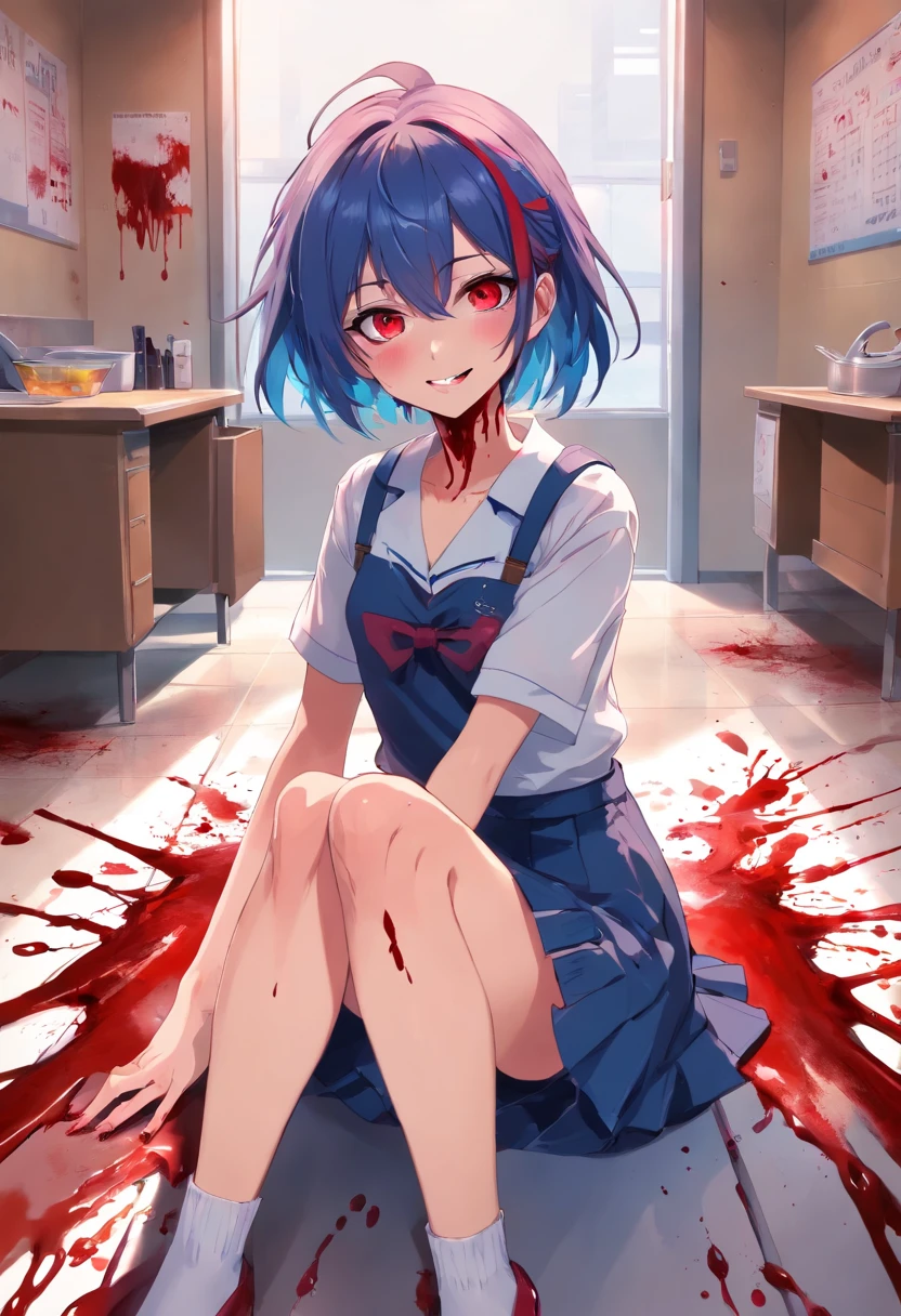 ((best quality)), ((masterpiece)), (detailed), 1 girl, blue_hair, blood, blood_on_clothes, blood_on_face, blood_on_hands, blood splatter, breasts , suspenders, high heels jewelry, injury, looking_at_viewer, red eyes, sitting, thighs, alone, holding a knife, messy hair, messy clothing, insane eyes, in a schoolgirl outfit, antisocial, eye shadow, red eye color, bags under eyes, lots of eyeshadow on, bloody, yandere, insane, holding a knife, crazy smile, blood on her clothes