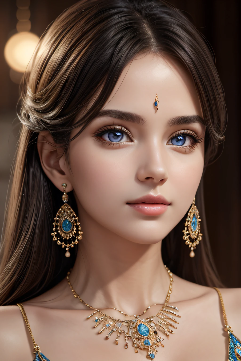 1girl, upper body, photorealistic, earrings, necklace, pose like a model, detailed eyes and face, exquisite face, pretty, alluring, charming, feminine, 8k, masterpiece, best quality, ultra detailed,