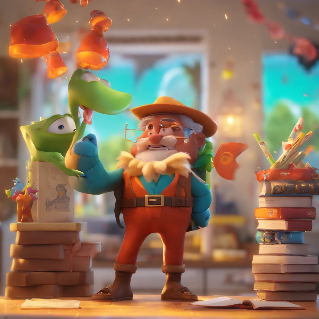 Create a Disney Pixar-inspired poster featuring the character named Mogul Master from Fortnite holding a magical book.