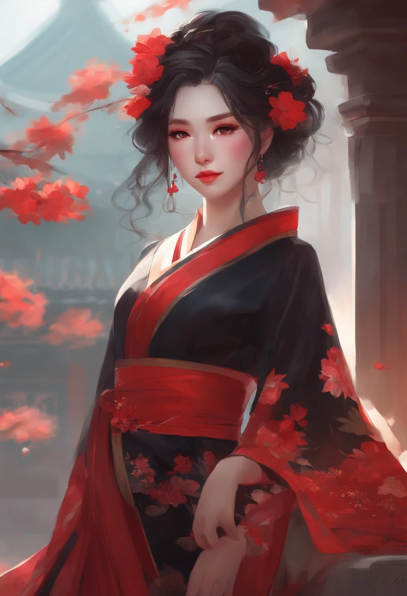 Menina anime em um vestido vermelho e preto com flores vermelhas em seu cabelo, Arte no estilo de Guweiz, Guweiz, Menina chinesa, Trend in CGTacing:, Cute anime waifu in a nice dress, Guweiz em Pixiv ArtStation, palace ， Uma menina em Hanfu, bela arte digital, Guweiz em ArtStation Pixiv