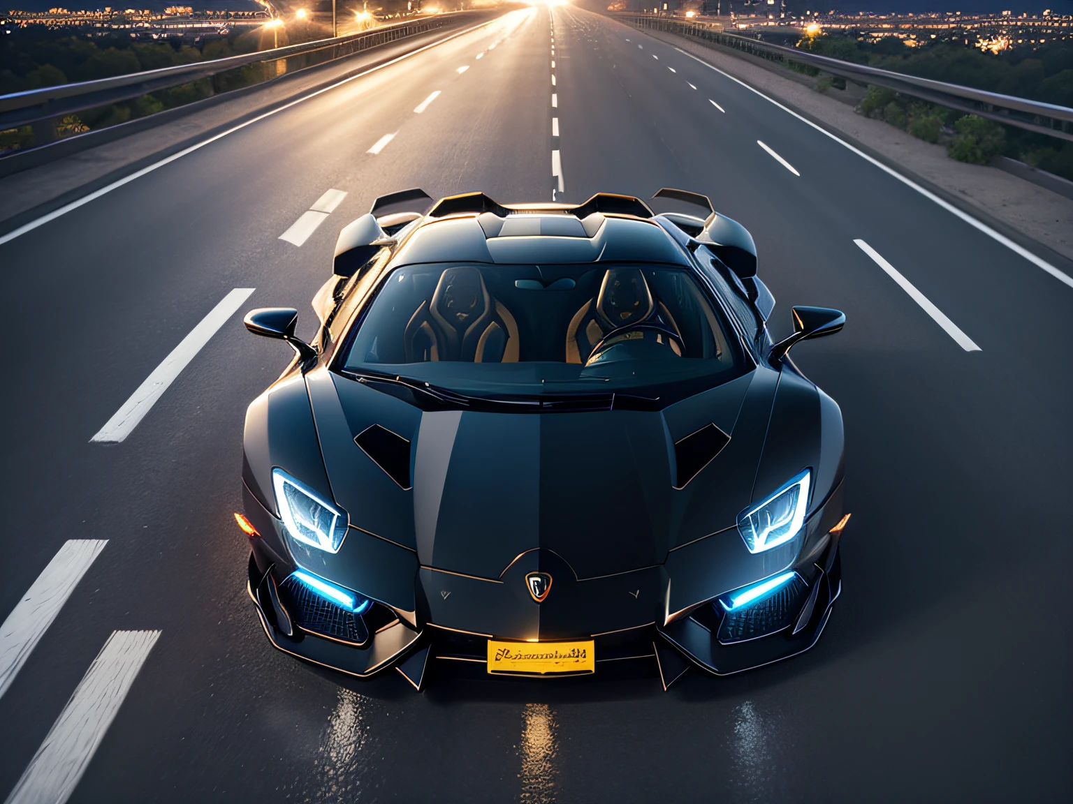 超A high resolution、An ultra-high picture quality、8K、Detailed details、marvelous expression、Big city at night、 Lamborghini Aventador S(Metallic Blue)runs on the highway、Turn on the headlights、Ride beautifully through the highway at night、