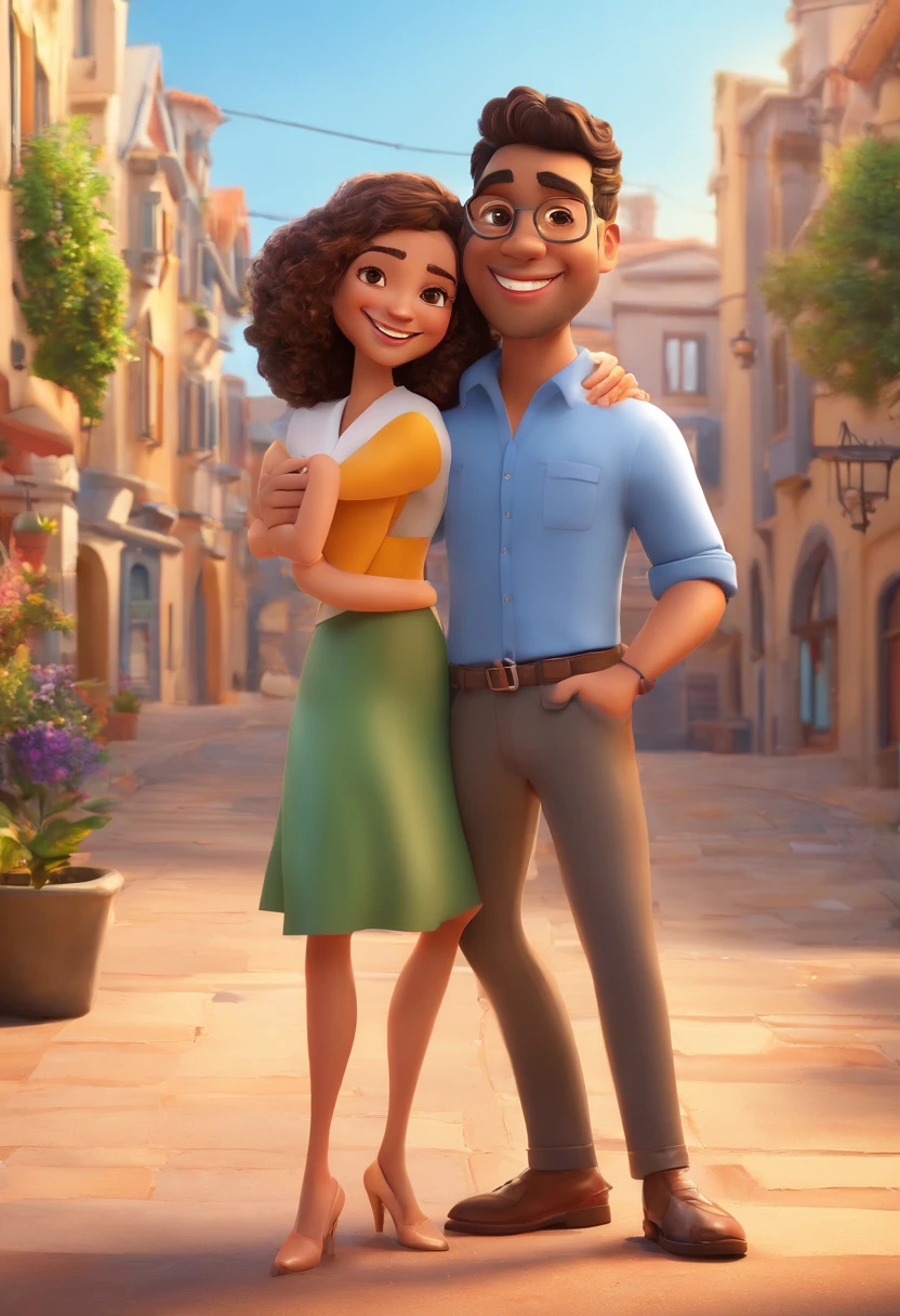 An illustration of an adorable couple, Highlight for a chubby mulatto man with glasses smiling and a brunette woman with beautiful expressive eyes - the man's skin is mulatto and the man's hair haswhile the woman's skin is black and the woman's hair is straight and brown. They are a bright room, cada um com um sorriso no rosto, e compartilhar um momento especial caracterizado pelo amor, Insights. Illustrate this scene from a perspective where they are facing the camera, Smiling and Showing Your Connection. Desenvolva esta arte em Full HD, Focus on your cinematic touch, Estilo Disney Pixar Animations