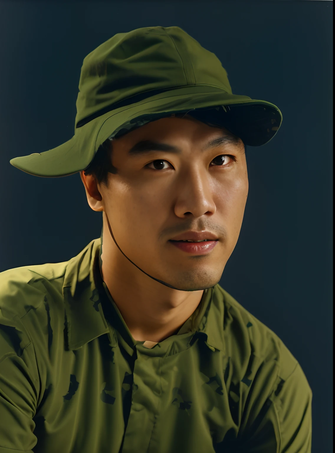 Highly realistic photo, image of a 30-year-old Asian man, wearing a Vietnamese army cap, wearing a dark green army shirt, photo taken in 1975 with Kodak, dark blue background