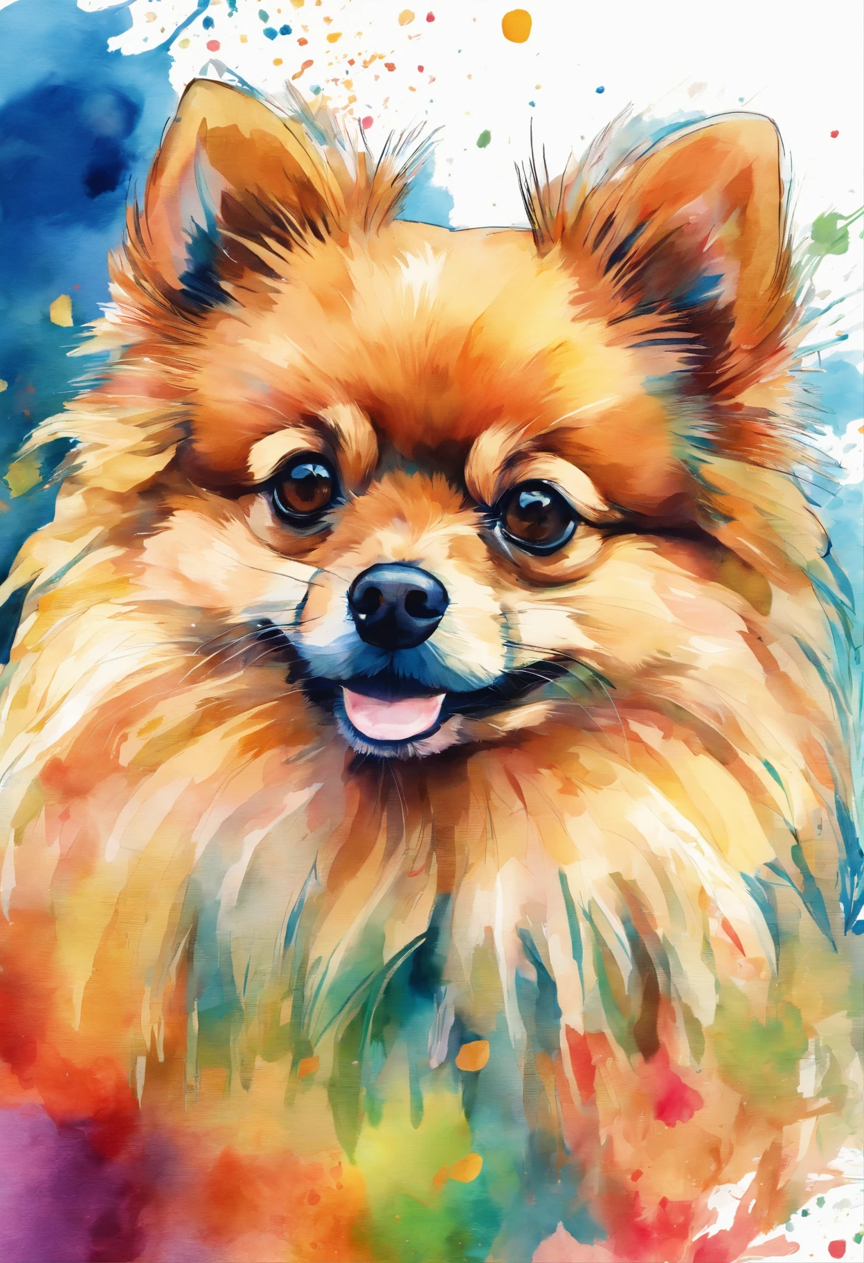 A Pomeranian with lots of watercolor fur ,fundo escuro,high resolution,alta qualidade,colorido,verde,vermelho,azul