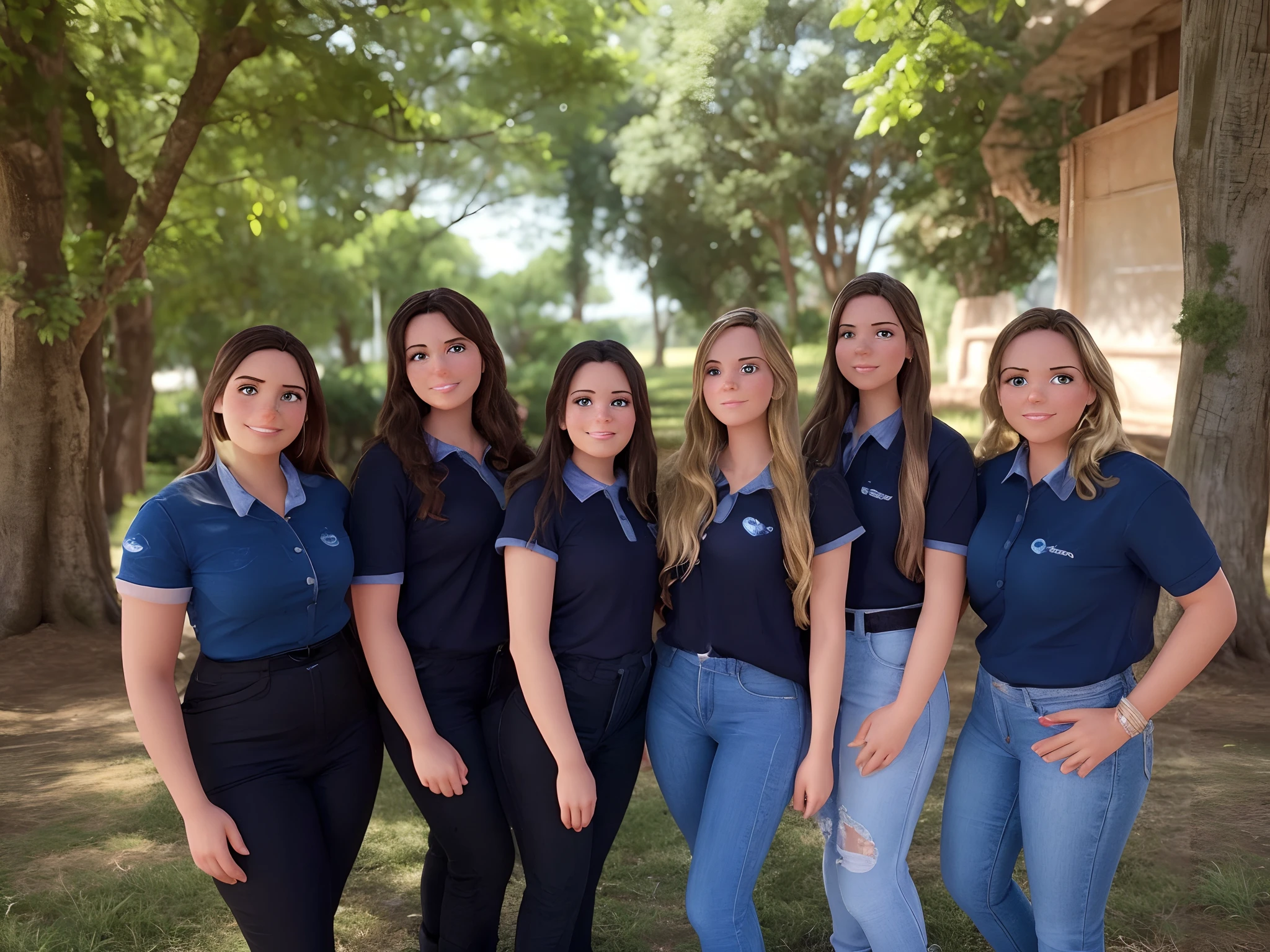 Six young women, Traje social, corpo inteiro, luz solar, rosto claro, fundo natureza, master part, Super Detalhe, Epic composition, Ultra HD |, alta qualidade, extremamente detalhado, Arte Oficial, papel de parede uniforme 8k, Super Detalhe, 32k, disney pixar