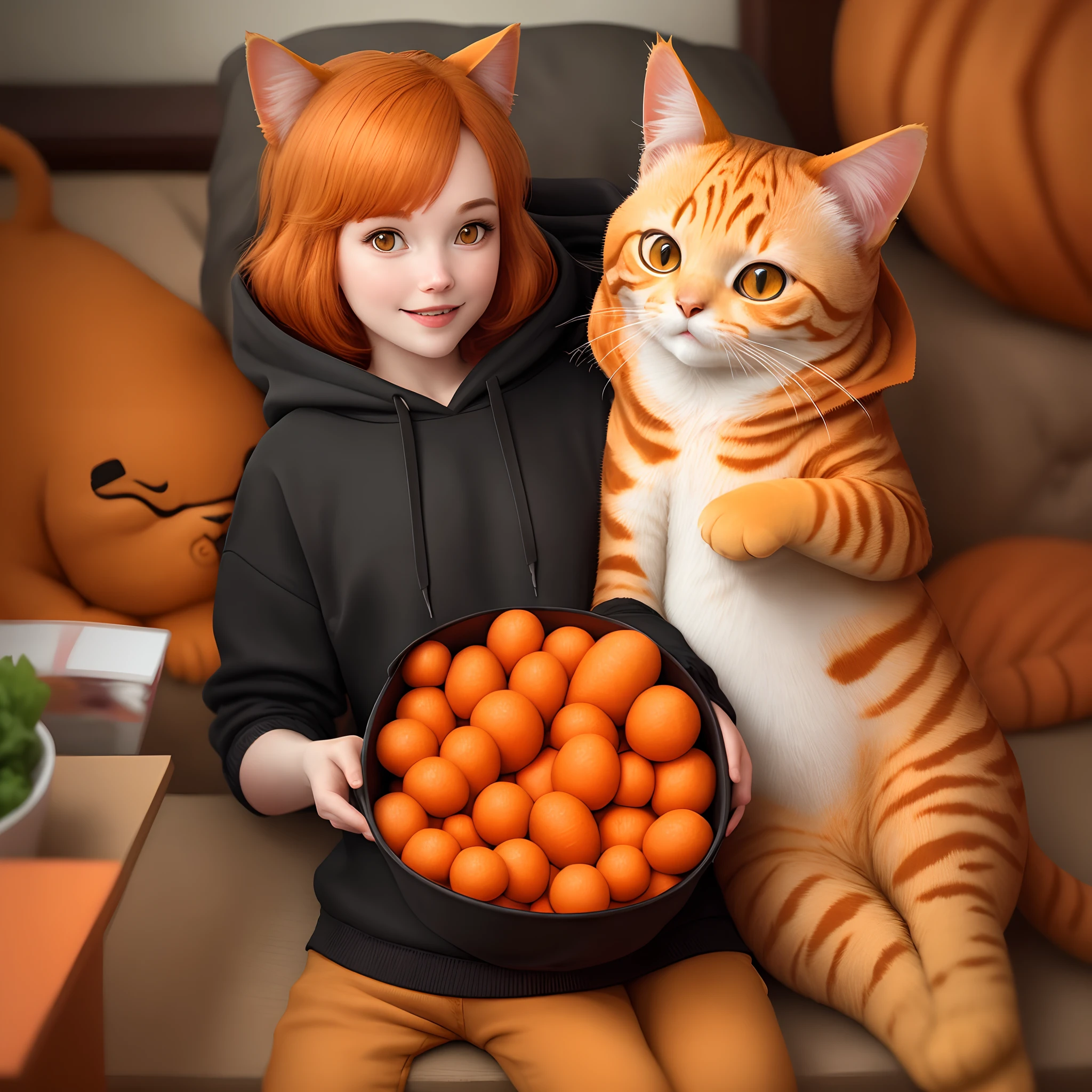 Anthropomorphic orange cat in a black hoody in love with carrots, photorealism