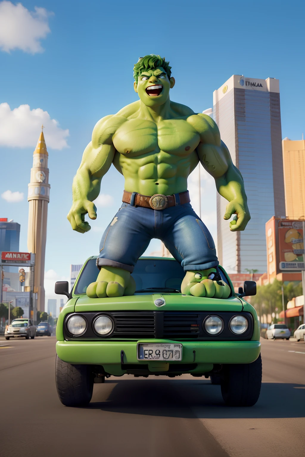 Obra-prima, de melhor qualidade, personagem incrivel hulk, na cidade de las vegas, pisando em carros, com cara de raiva, pulando em cima de carroa amassados, e segurando um pote vermelho de tampa preta escrito creatina no centro, em letras brancas