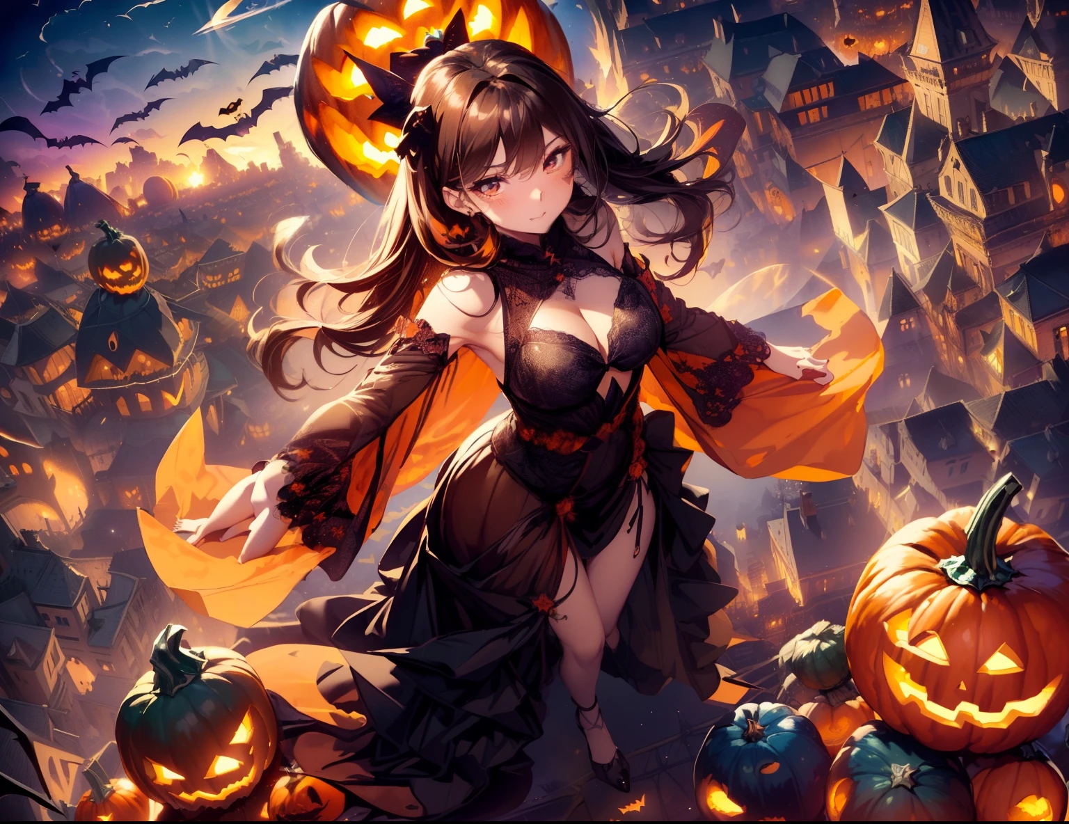 Best Quality, masutepiece, beautiful mature women、Beautiful face、Strong-minded woman、(Black long dress、Witch)、brown haired、(Brown-eyed)、Longhaire、Undersized eyes、(((Halloween)))、nighttime scene、(((Woman flies in the sky on a pumpkin、Overlooking the city from the air:1.5)))、Bigger background