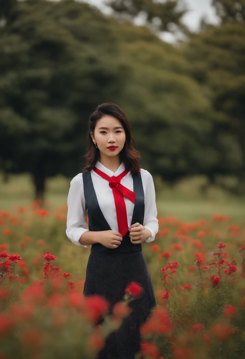 There is a woman with a red tie standing in a field, foto retrato suave 8 k, a young asian woman, Tiro na Canon EOS R5, Tiro na Canon EOS R 5, Tirada com Canon EOS 5 D Mark IV, Retrato tirado 8 K, Tirado com Canon 5D MK4, Tomado com Sony Alpha 9, portrait of a japanese