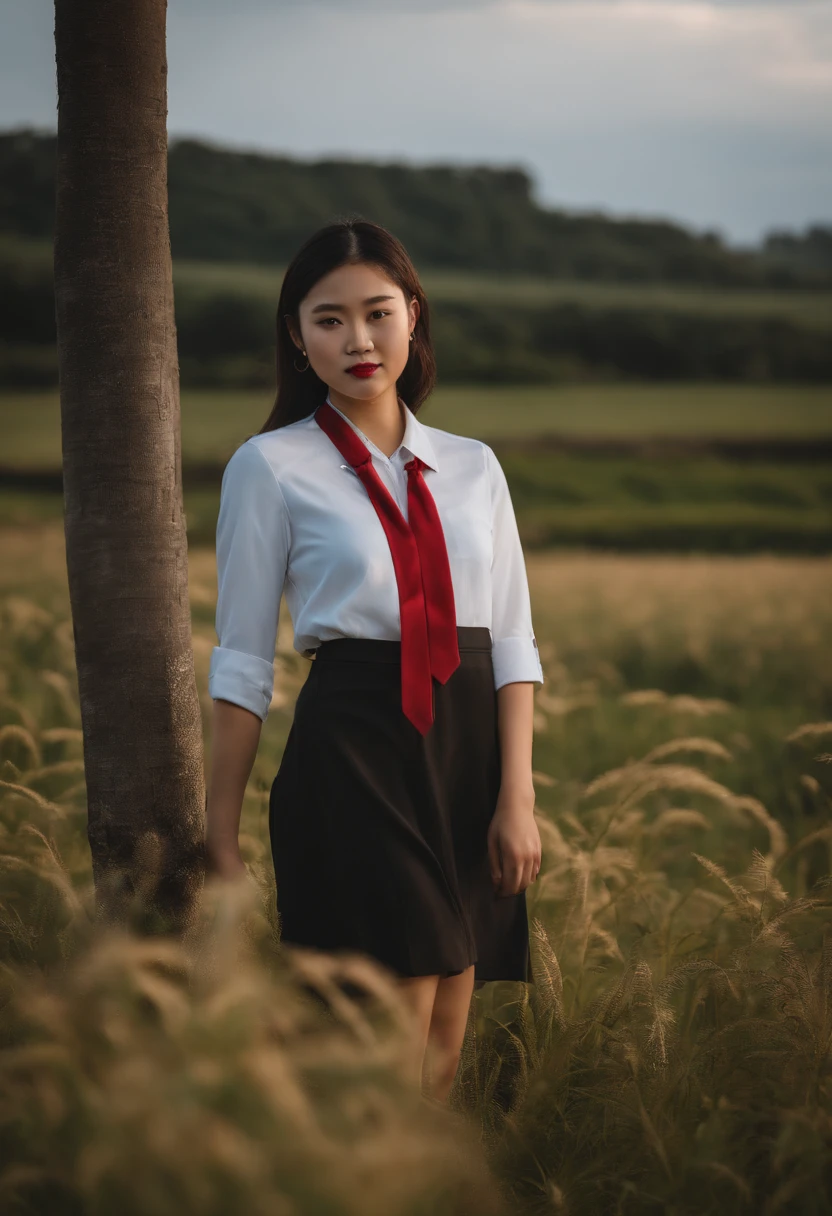 There is a woman with a red tie standing in a field, foto retrato suave 8 k, a young asian woman, Tiro na Canon EOS R5, Tiro na Canon EOS R 5, Tirada com Canon EOS 5 D Mark IV, Retrato tirado 8 K, Tirado com Canon 5D MK4, Tomado com Sony Alpha 9, portrait of a japanese
