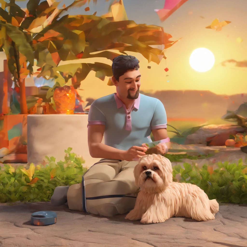An image of a shitzu dog and its owner next to it, sorrindo, ele pequnino, ela loira, cabelos medios ondulados, felizes, With a sunset behind them, os dois sentados alegres, 'Cause he's got his birthday, completando 13 anos de idades