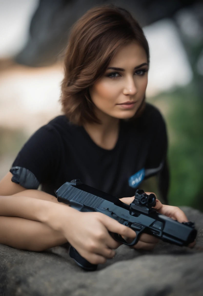 Fotos, (fotorrealista: 1.4), (hiper-realista: 1.4), (cinemactic: 1.5), mulher na casa dos 20 anos, Japan, Mulher com uma arma, (Desert Eagle), Nikita, Noite, luz azul, tension, short hair, Holding a gun in two hands, cave, camiseta preta, Electric cord on the wall, water pipe