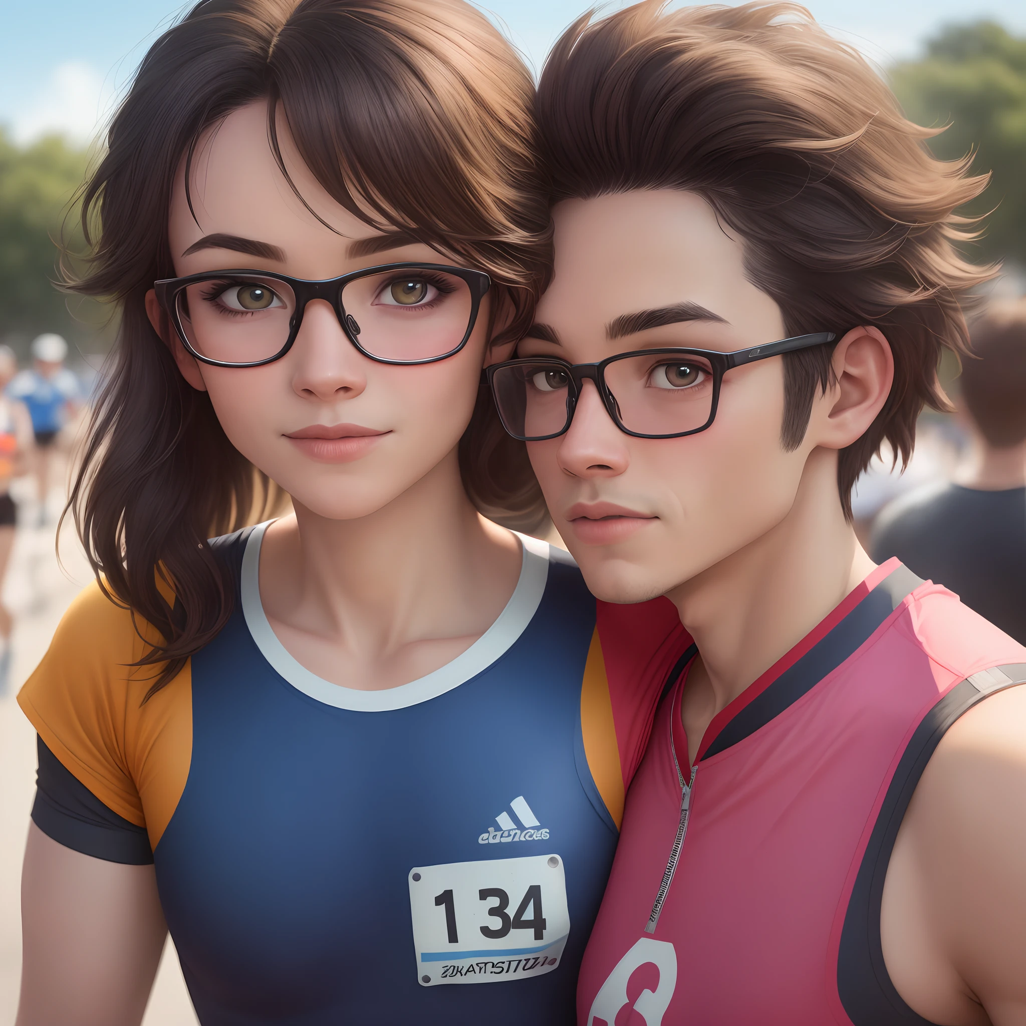 ((best quality)), ((master part)), ((desenhos animados realistas)), ((Personagem perfeito)) - Um retrato frontal meticulosamente detalhado e realista de um homem com cabelo preto raspado, cor parda, Blue Street Runner Glasses, pequenas marcas de acnes, a street runner's shirt with a chest number. O homem olha diretamente para o espectador, Establish a strong and confident presence. The image captures their distinctive facial features, accurately showing the brightness of your eyes and the design of your glasses. The cyan jersey is rendered with details of an athlete. aumentando o profissionalismo do retrato. Enviado para documentos oficiais, this portrait is presented in impressive 8K UHD resolution, Ensure clarity and unique protection. Crie todo um ar de corrida de rua de uma maratona, que essa imagem seja estilo Pixar.