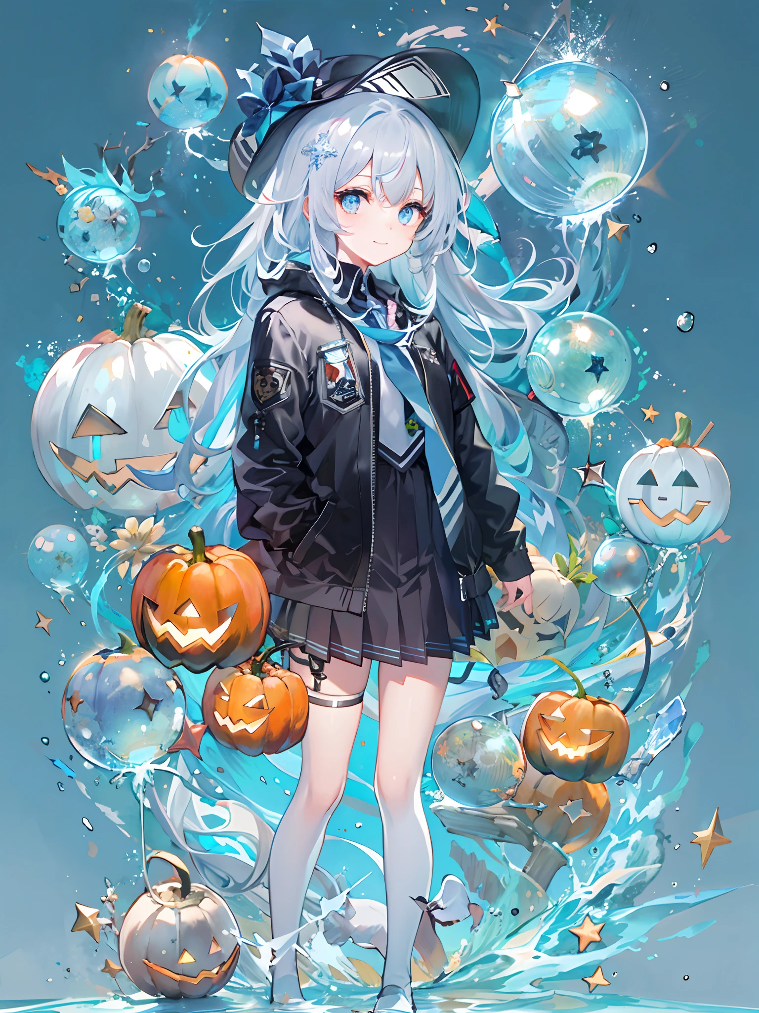 ((top-quality)), ((masterpiece)), ((ultra-detailliert)), (Extremely delicate and beautiful), girl with, 独奏, cold attitude,((Black jacket)),She is very(relax)with the(Settled down)Looks,A dark-haired, depth of fields,Evil smile,Bubble, under the water, Air bubble,bright light blue eyes,inner color with bright gray hair and light blue tips,,,,,,,,,,,,,,,,,,,Cold background,Bob Hair - Linear Art, shortpants、knee high socks、White uniform like school uniform、Light blue ribbon ties、Clothes are sheer、Hands in pockets、Bright eyes like sapphire,Fronllesse Blue, A small blue light was floating、Upper Eyes、glass shards、Snowflake Hair Ornament, Halloween, Orange pumpkin、Jack-o'-lantern、Orange and light blue odd eye,
