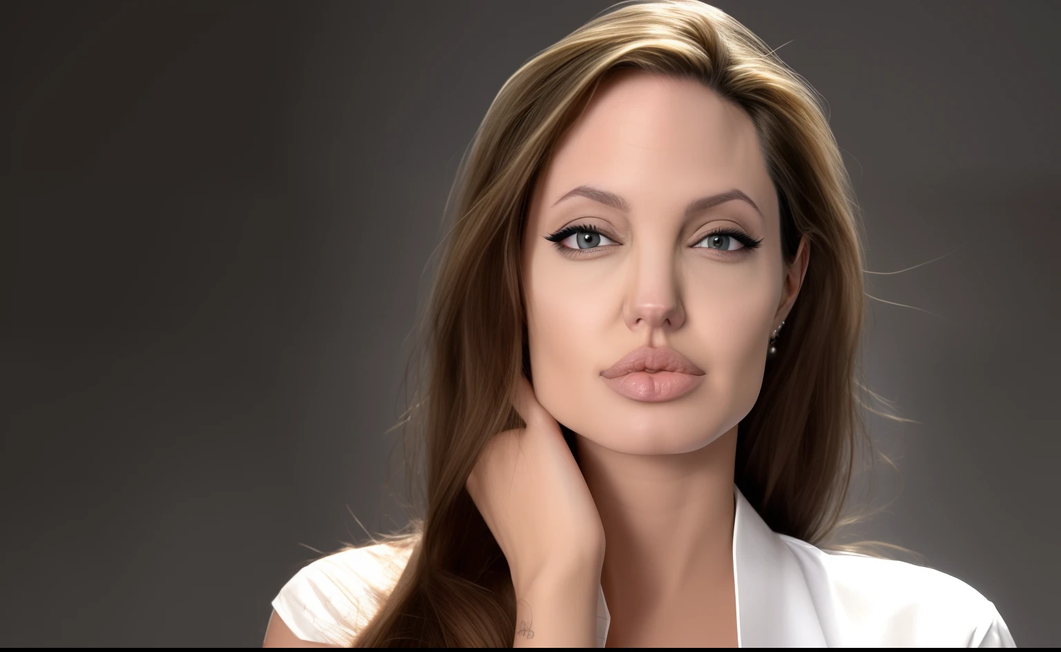 arafed woman with long hair and a white shirt posing for a picture, very beautiful angeline jolie, angeline jolie, angelina jolie portrait, portrait of angelina jolie, portrait of the angelina jolie, angelina jolie, most beautiful woman on earth, nose of angelina jolie, with very thin lips, animatronic angelina jolie, prominent cheekbones