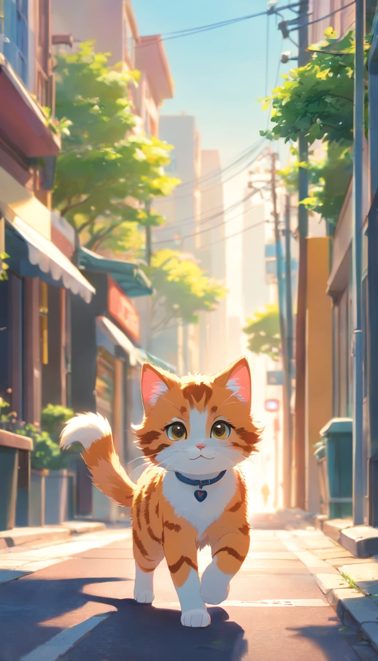 **[cutecore, Small core, The heart of nature] Cute kitten walking down the street, Looks fun, Pixar-style eyes