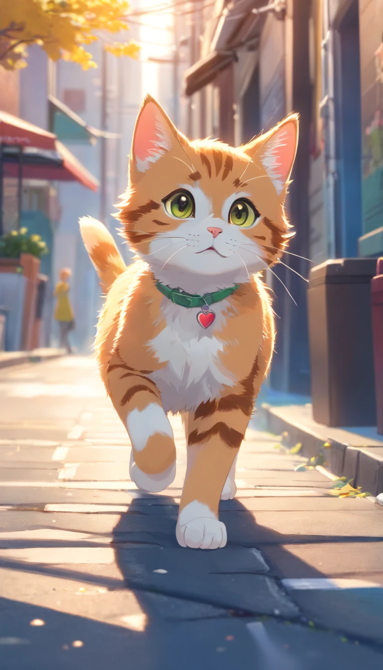 **[cutecore, Small core, The heart of nature] Cute kitten walking down the street, Looks fun, Pixar-style eyes