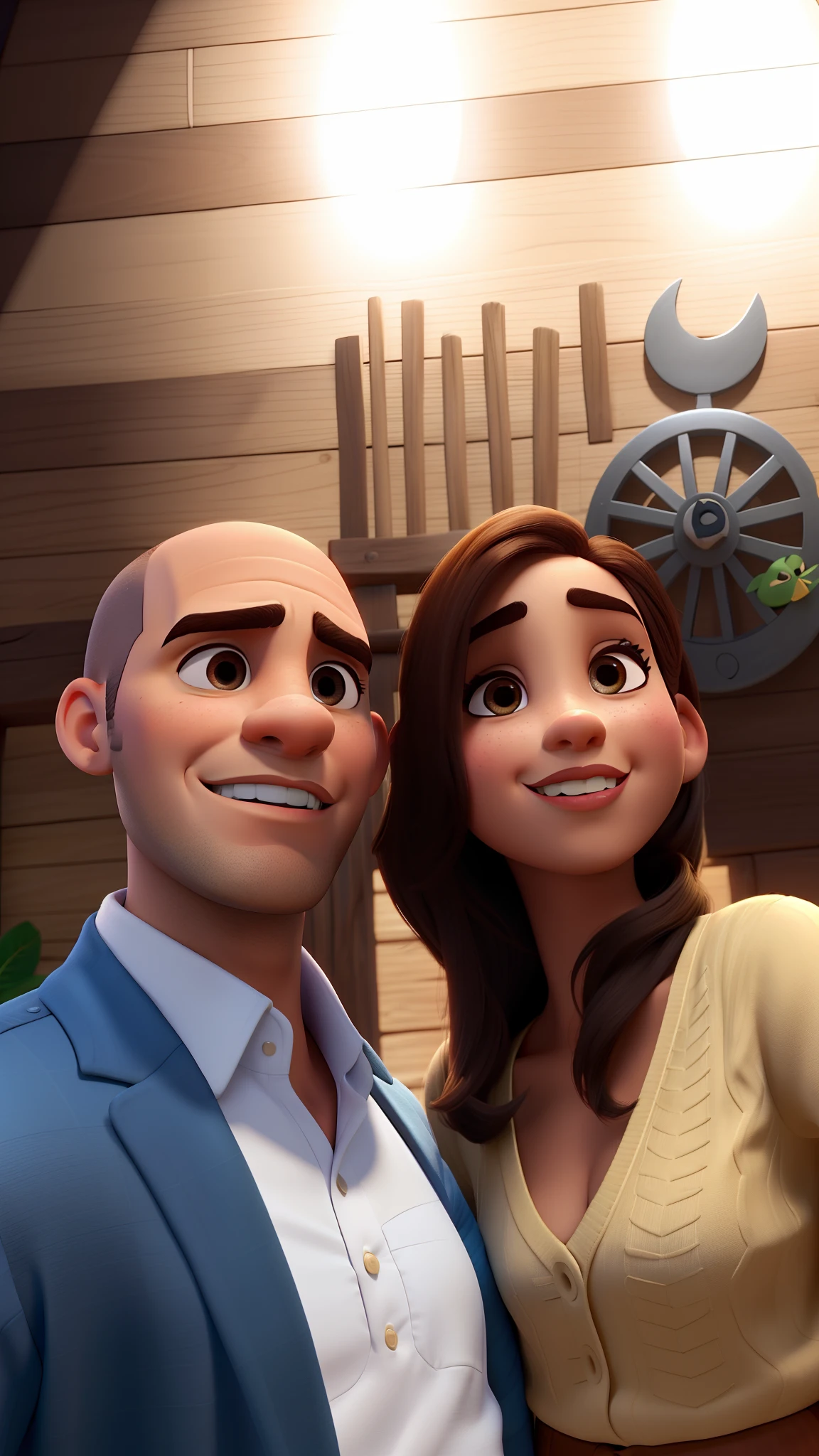 casal homem careca e cavanhaque e mulher morena, cabelos avermelhados no estilo Disney Pixar, alta qualidade, melhor qualidade