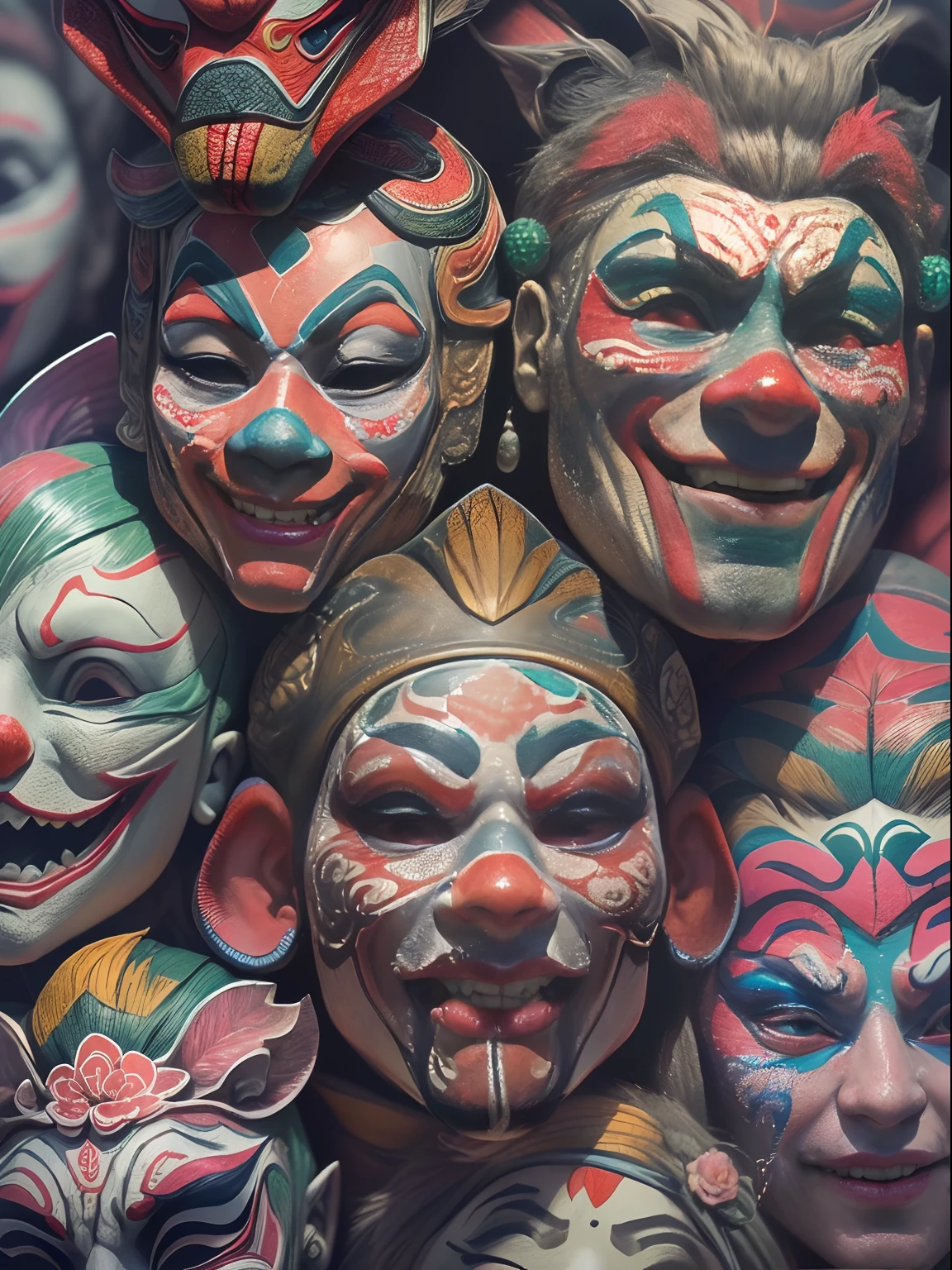 ((Close-up of 6 Peking Opera clown masks), (Peking Opera face), drama masks, Realistic, (6. symmetrical arrangements) Masterpiece, Intricate details,hyper HD, Masterpiece, ccurate, Anatomically correct, Textured skin, High details, Award-Awarded, High quality, A high resolution, Best quality, 8K,intricate digital painting, highly intricate and colorful, Highly detailed symmetry, detailed digital artwork, Symmetrical intricate details, plethora of colors,
(Sticker style:1.5),white backgrounid,Sticker style