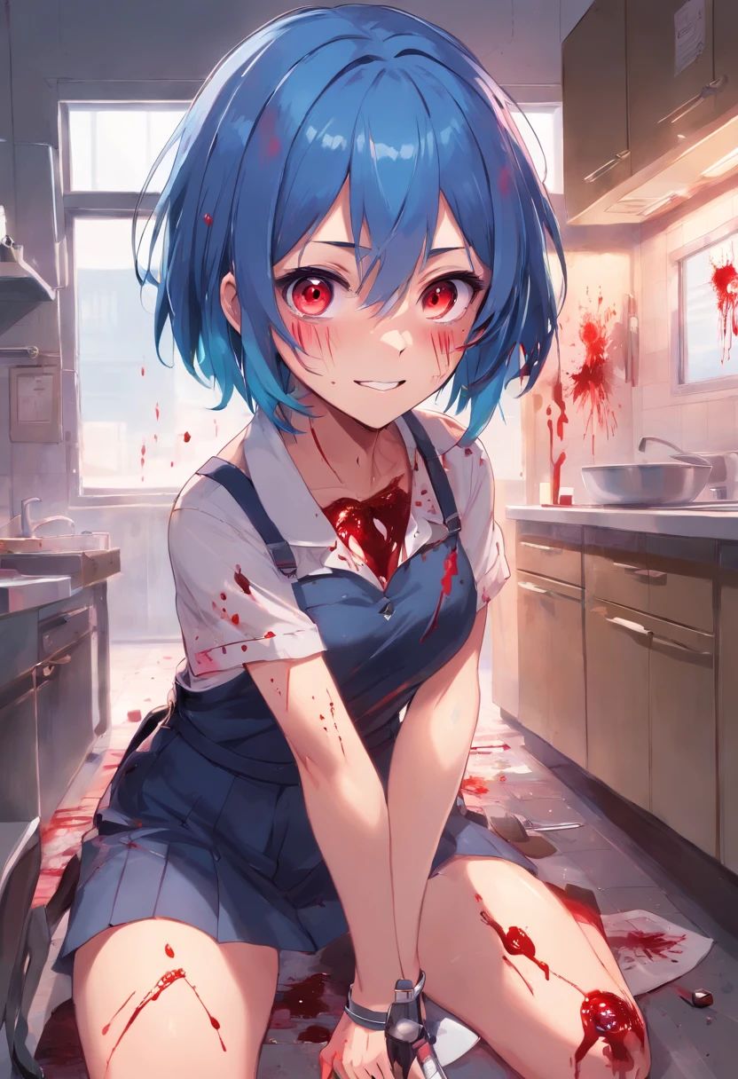 ((best quality)), ((masterpiece)), (detailed), 1 girl, blue_hair, blood, blood_on_clothes, blood_on_face, blood_on_hands, blood splatter, breasts , suspenders, high heels jewelry, injury, looking_at_viewer, red eyes, sitting, thighs, alone, holding a knife, messy hair, insane eyes, antisocial, eye shadow, red eye color, bags under eyes, lots of eyeshadow on, bloody, yandere, insane, holding a knife, crazy smile, blood on her clothes