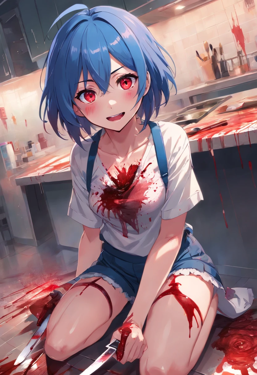 ((best quality)), ((masterpiece)), (detailed), 1 girl, blue_hair, blood, blood_on_clothes, blood_on_face, blood_on_hands, blood splatter, breasts , suspenders, high heels jewelry, injury, looking_at_viewer, red eyes, sitting, thighs, alone, holding a knife, messy hair, insane eyes, antisocial, eye shadow, red eye color, bags under eyes, lots of eyeshadow on, bloody, yandere, insane, holding a knife, crazy smile, blood on her clothes