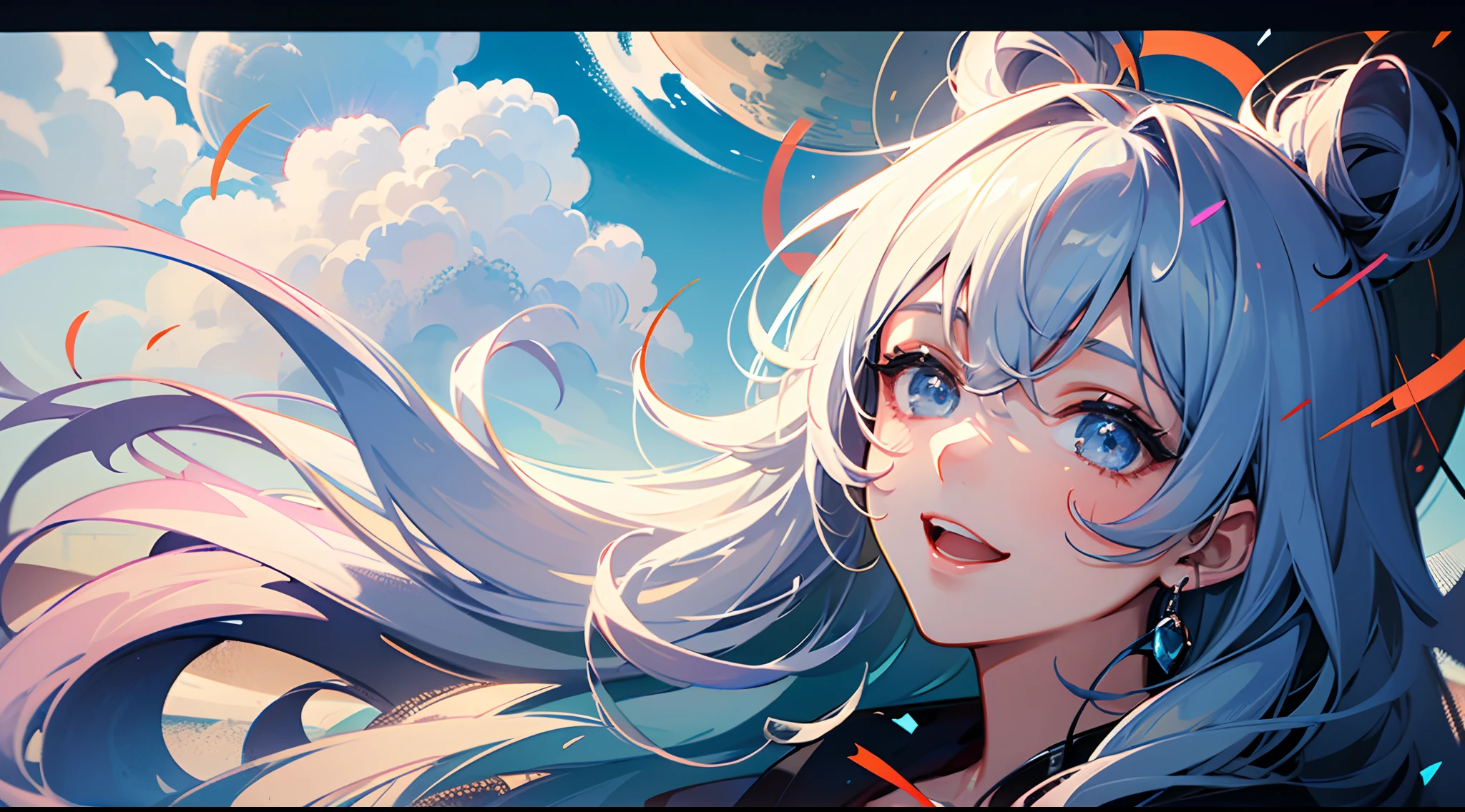 masterpiece, best quality, movie still, 1girl, floating in the sky, cloud girl, cloud, (close-up:1.1), bright, happy, fun, soft lighting, (Bauhaus, shapes, lines, abstract:1.1)